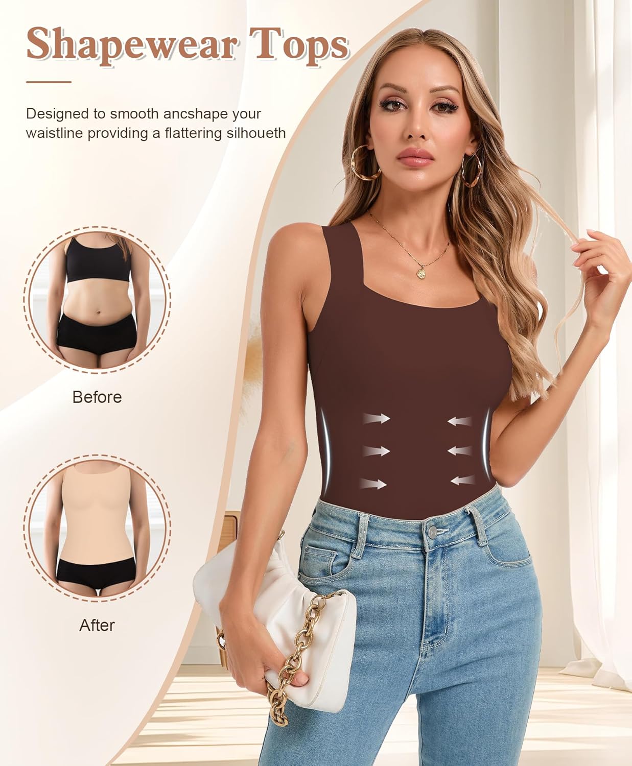 Womens U Neck Shapewear Built-in Bra Tank Top High Strechy Slim Fit Compression Camisole Workout Tops - Image 4