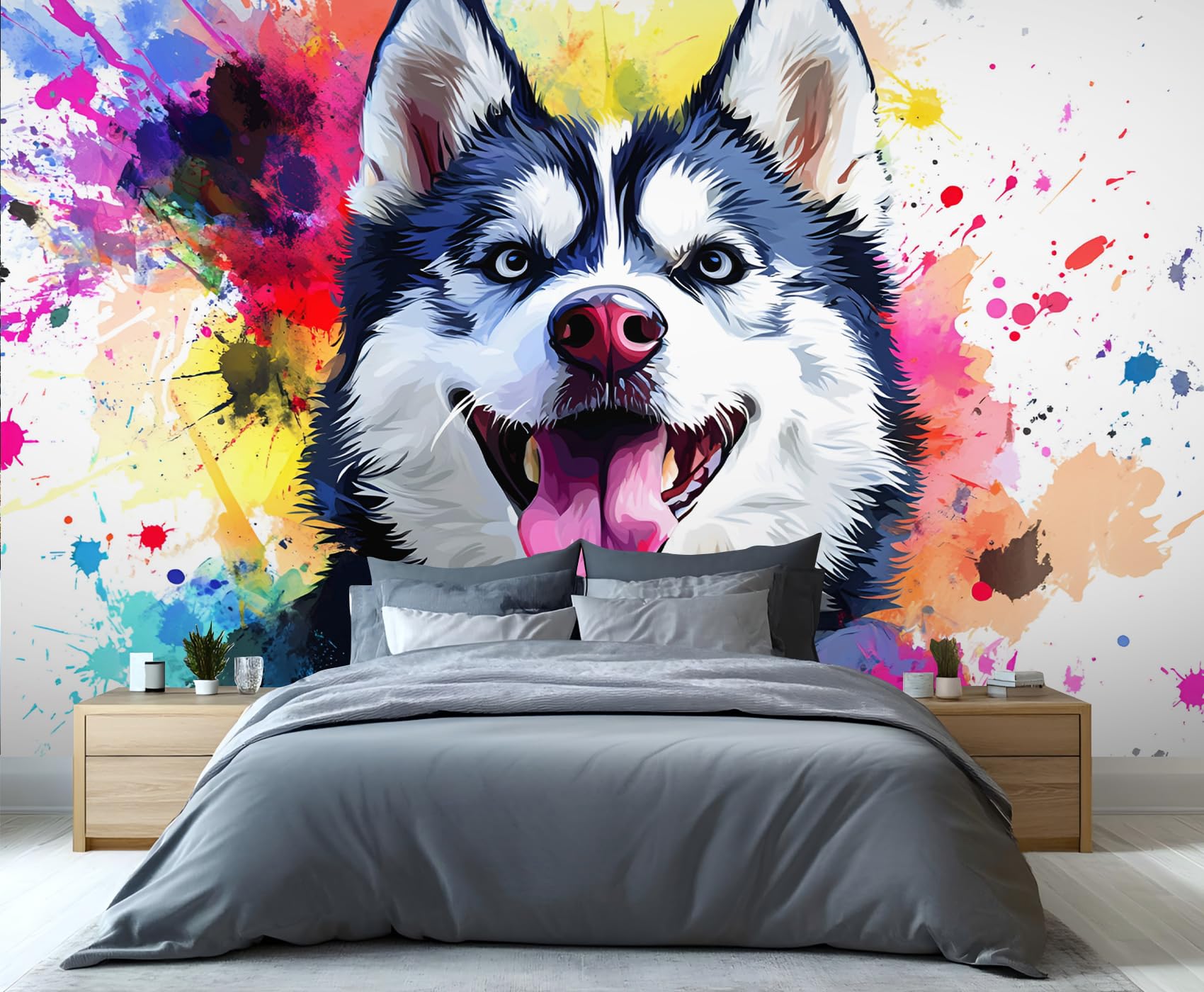 YXQAIED Husky Wallpaper, Graffiti Wallpaper for Living Room, Black Dog Bedroom Wall Paper, Not Self Adhesive Abstract Floral and Leaves 3D Large Mural & Home Decor Poster, 400x280cm