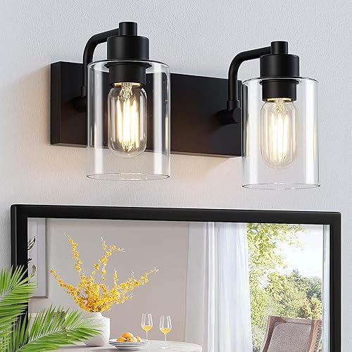 Luces de Baño Negras Mate de 2 Luces Sobre Espejo con Pantalla de Vidrio Transparente, Luminarias Modernas de Baño para Cocina, Sala de Estar, Negro