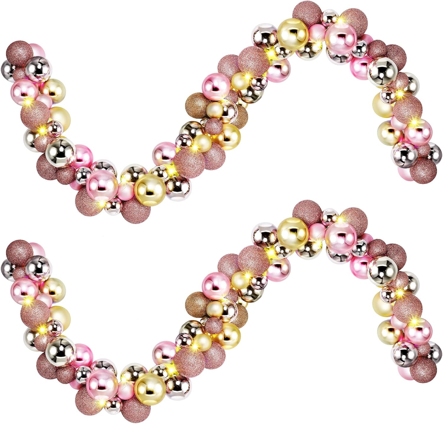 2 Pcs Christmas Balls Garland 6 ft Hanging Ornaments Xmas Balls Decorations with 2 Pcs 10 Feet LED Lights for Home Indoor Outdoor Tree Mantel Wedding Decoration(Pink, Rose Gold, Pink, Rose Gold)