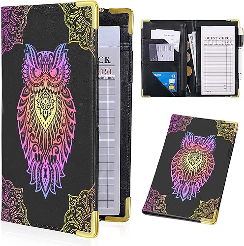 Miniatura 13 de Libros de servidor para mesera - Cartera de cuero PU marrón con bolsillo con cierre, motivo navideño; lindo organizador para meseros con bolsillo