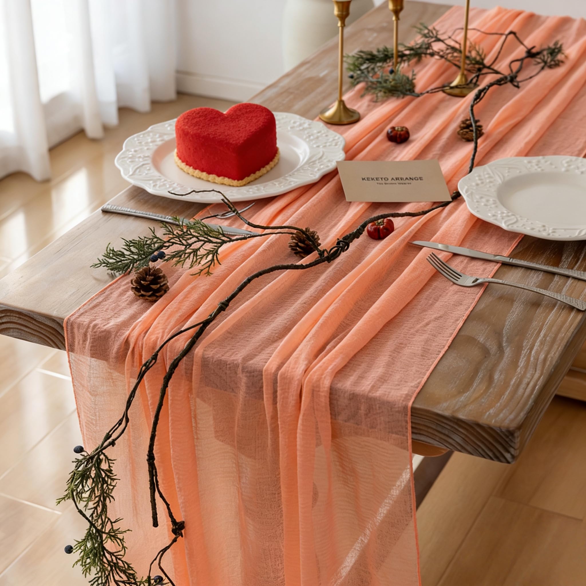 Keketo 6 szt. koralowa gaza brzoskwiniowa, rustykalny bieżnik na stół z gazą, 300 cm, na ślub, baby shower, wieczór panieński, urodziny, zaręczyny, do ogrodu, na imprezę, długie, przezroczyste