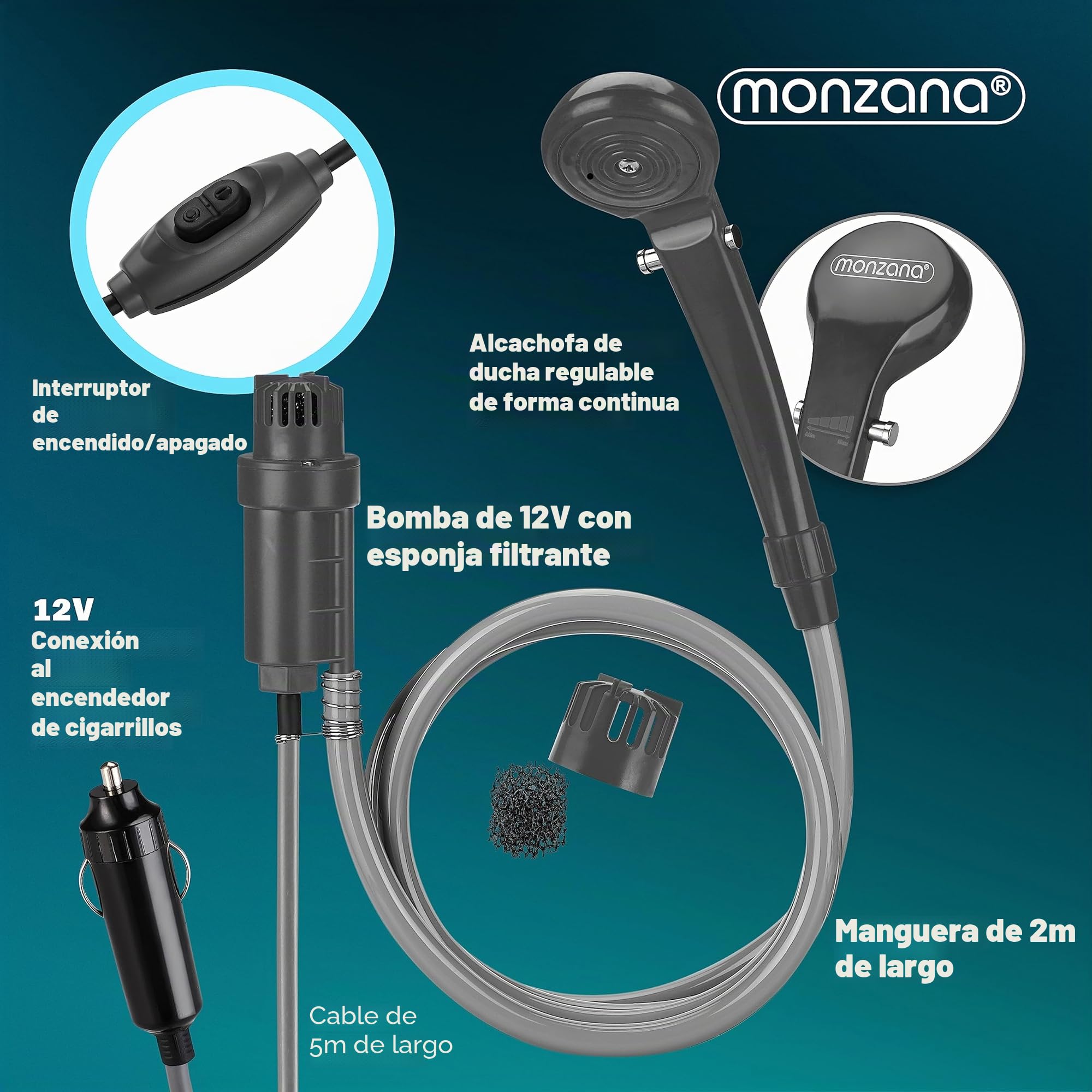 Monzana® Ducha de camping portátil con bomba de 12 V, adaptador de coche, bolsa de almacenamiento, manguera de 2 m, cable de alimentación de 5 m, ducha para perros, ducha de jardín