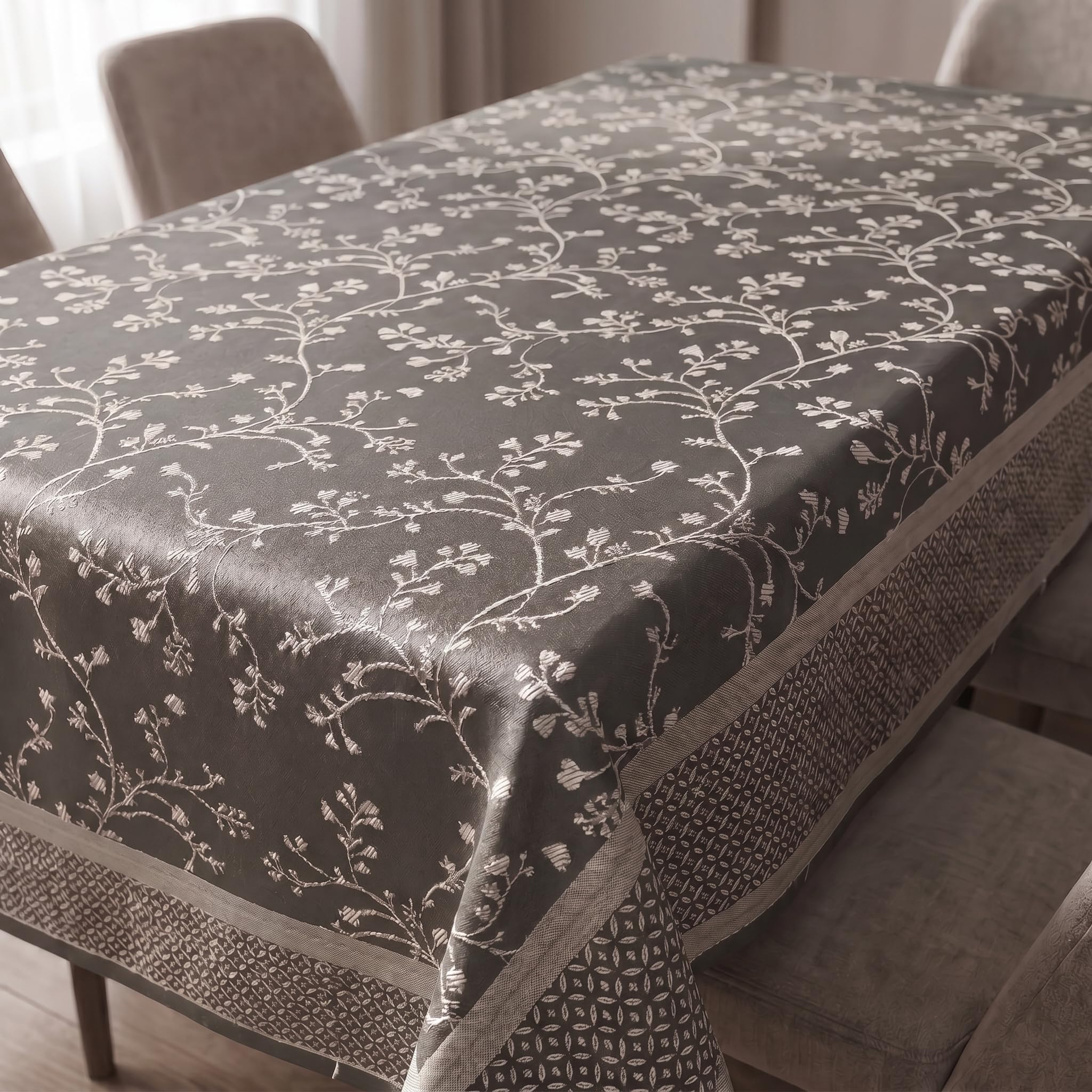 Dining Table Cover – Geometric Embroidered Satin Finish Tablecloth, Thick Anti-Skid Fabric, Rectangular, for 6 & 8 Seater Dining Tables (Grey Floral)-picture-27