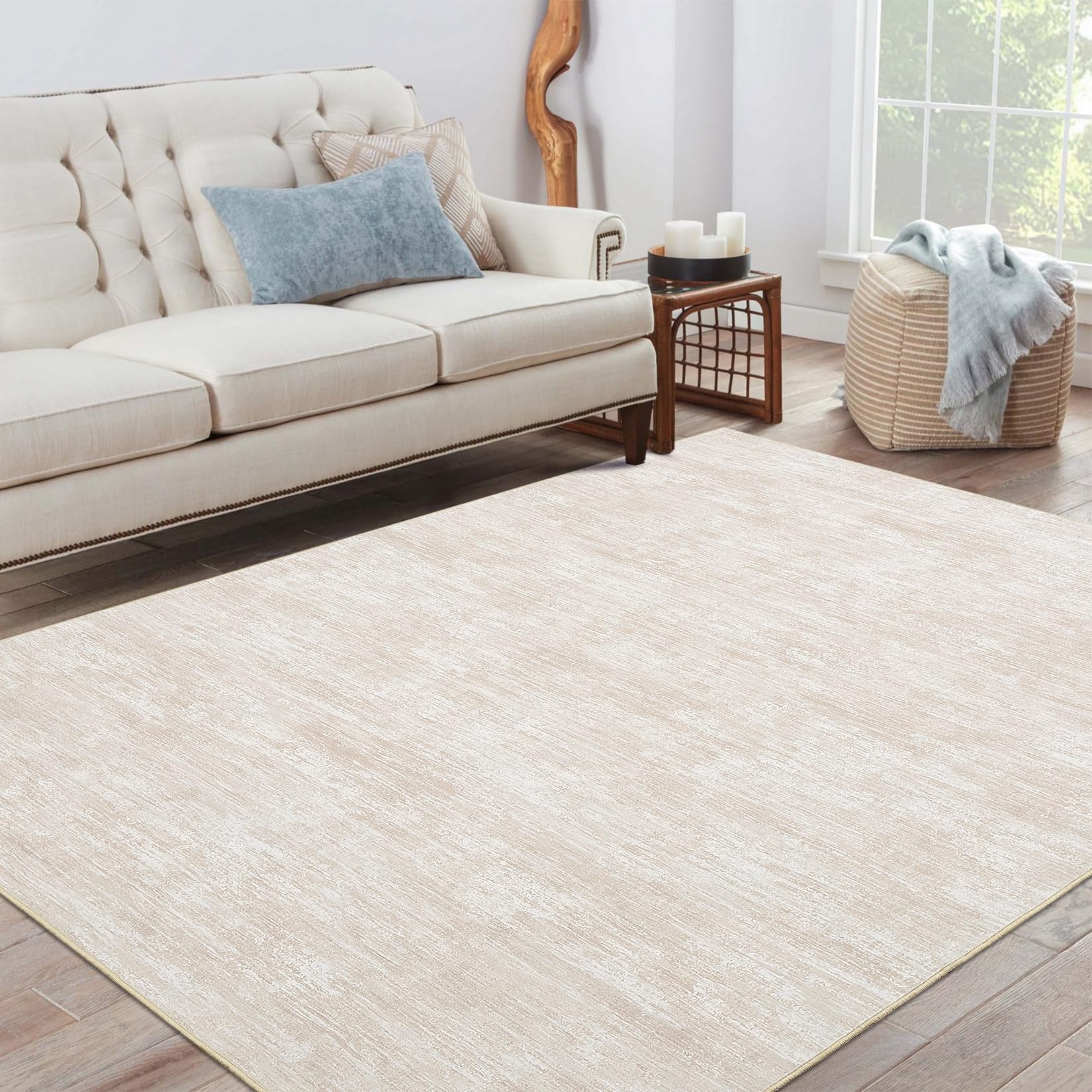 Teppich Wohnzimmer 160x230 cm Modernes Uni-Design Kurzflor Beige | Moderner Einfarbiger Teppich für Schlafzimmer Esszimmer Büro Waschbar Faltbarer Rutschfest