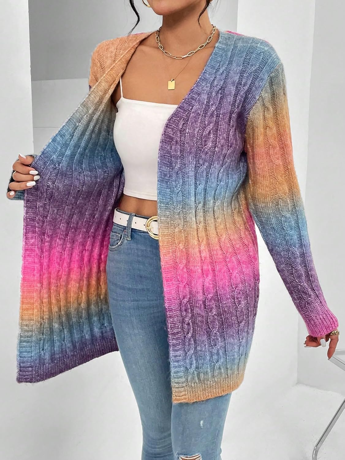 Women's Ombre Print Cable Knit Cardigan Sweater Long Sleeve Open Front Loose Outwear Fall Outfits - Image 3