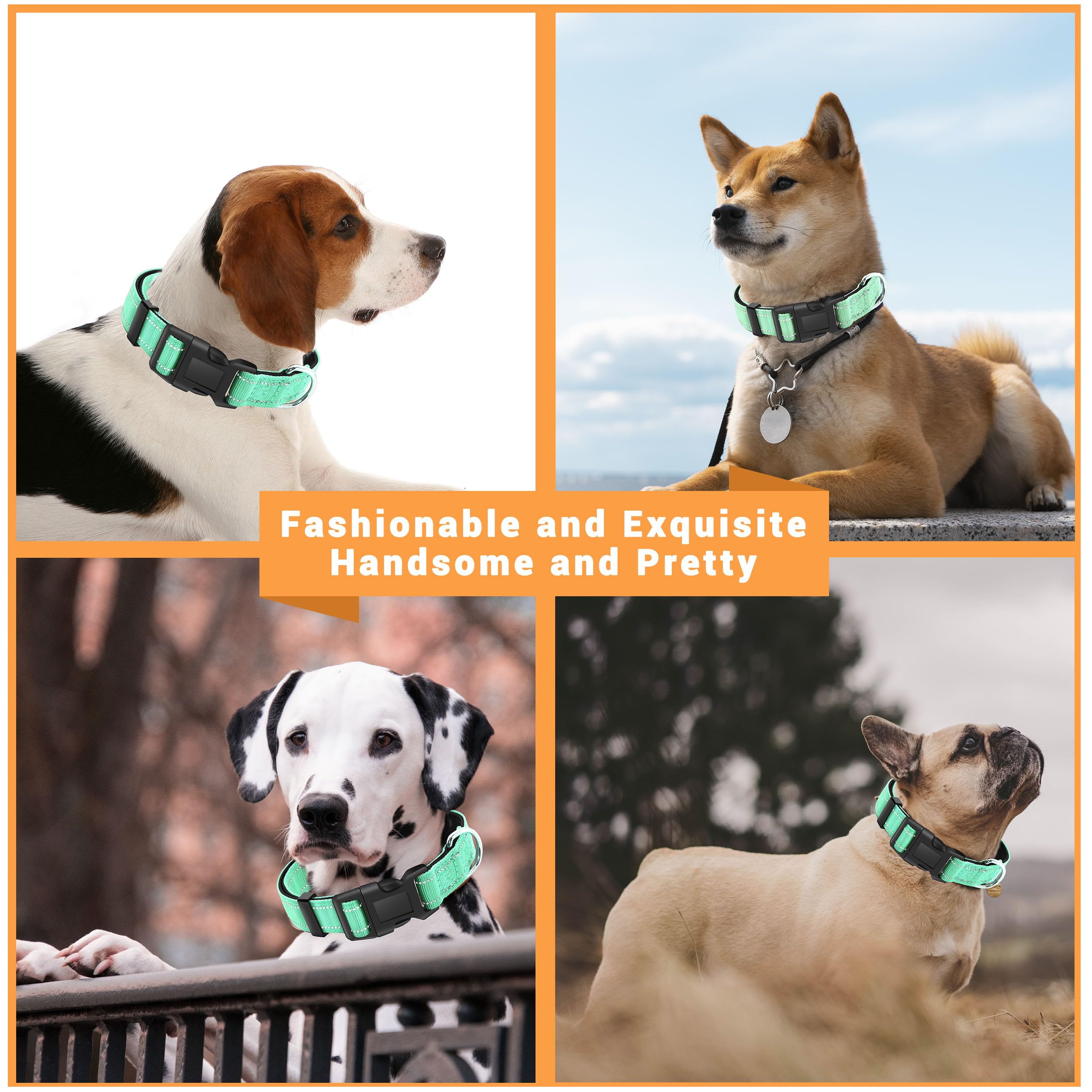 Paquete de 2 collares reflectantes para perro con hebilla de bloqueo de seguridad, ajustable, suave, transpirable, cómodo, de nailon, para perros pequeños, medianos y grandes, 5 tamaños