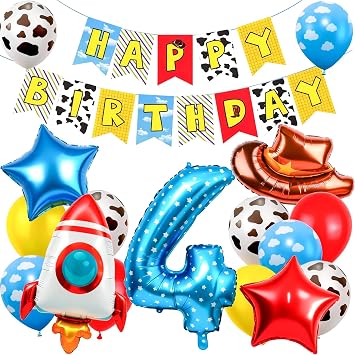 Toy Themed Happy Birthday Balloon, Number 4 Balloon, Colorful Balloons with Rocket Cowboy Hat, Rainbow Balloons for Birthday Party Decoration Blue 4
