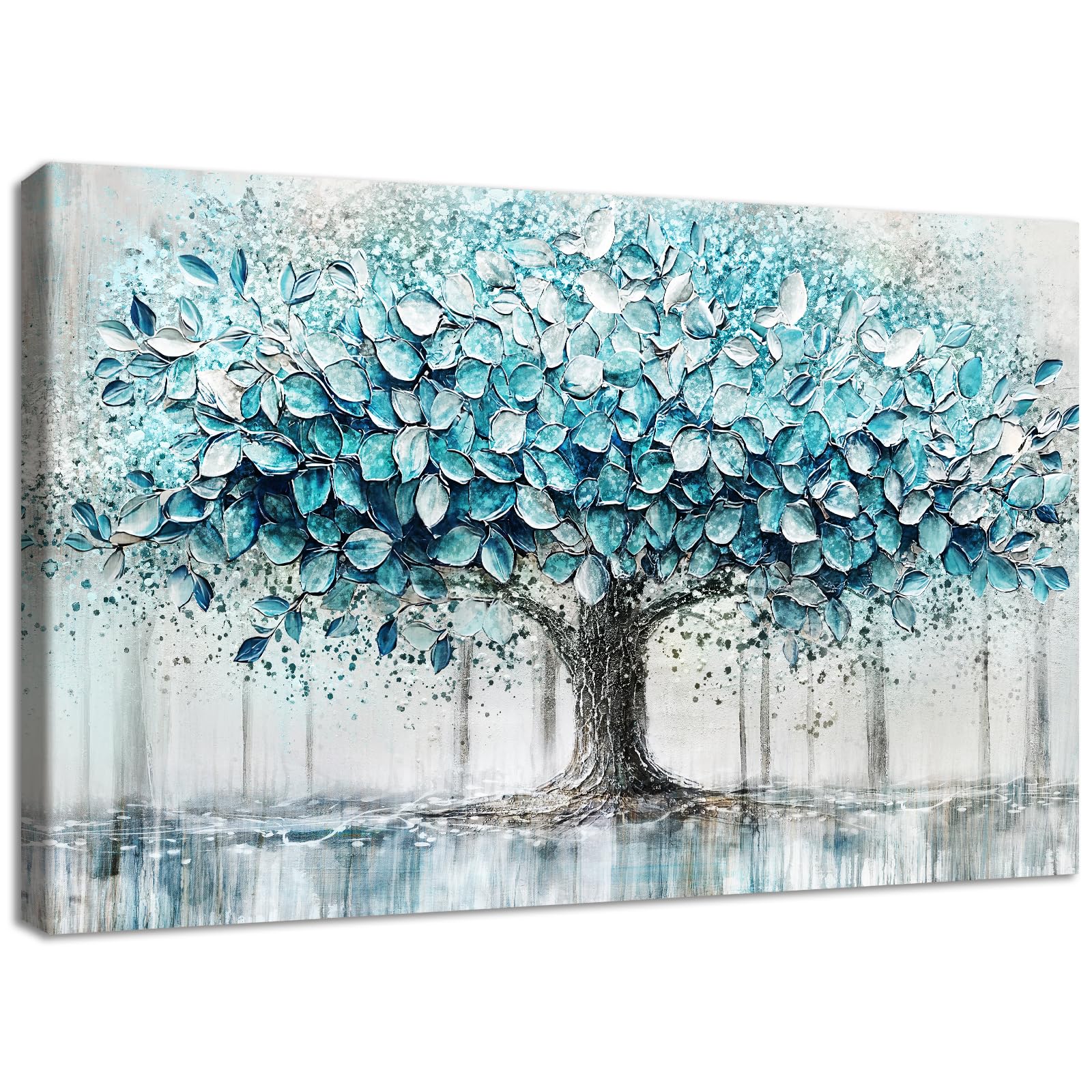 Wooden Framed Canvas Wall Art Teal Blue Tree of Life Painting on Canvas Prints Large Panoramic Landscape Poster Abstract Textured Pictures for Living Room Bedroom Hallway Stairs Wall Decor 40x60cm โ image 1