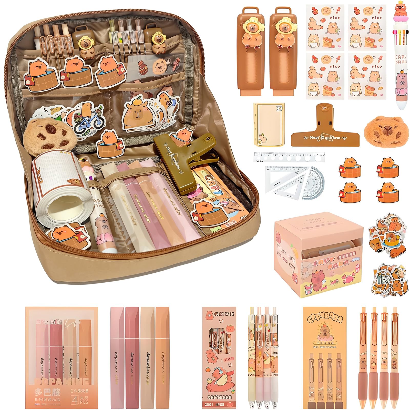 Trousse Capybara 81 Pièces Set, Capybara Papeterie avec Stylos, Pinces, Autocollants, Règles Et Plus Encore, Fournitures Scolaires et de Bureau, Cadeau Rentrée ou Anniversaire