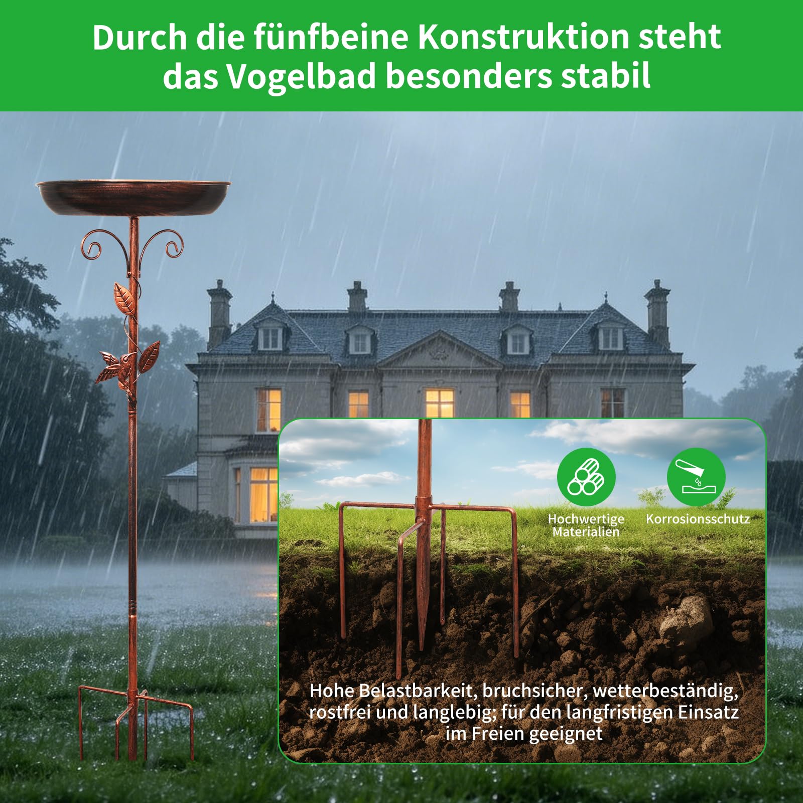 Vogeltränke Stehend, 100cm/39.5inch Vogelbad Garten, 3-in-1 vogeltränke metall mit Vogelrelief, für Draußen Garten Hof Rasen
