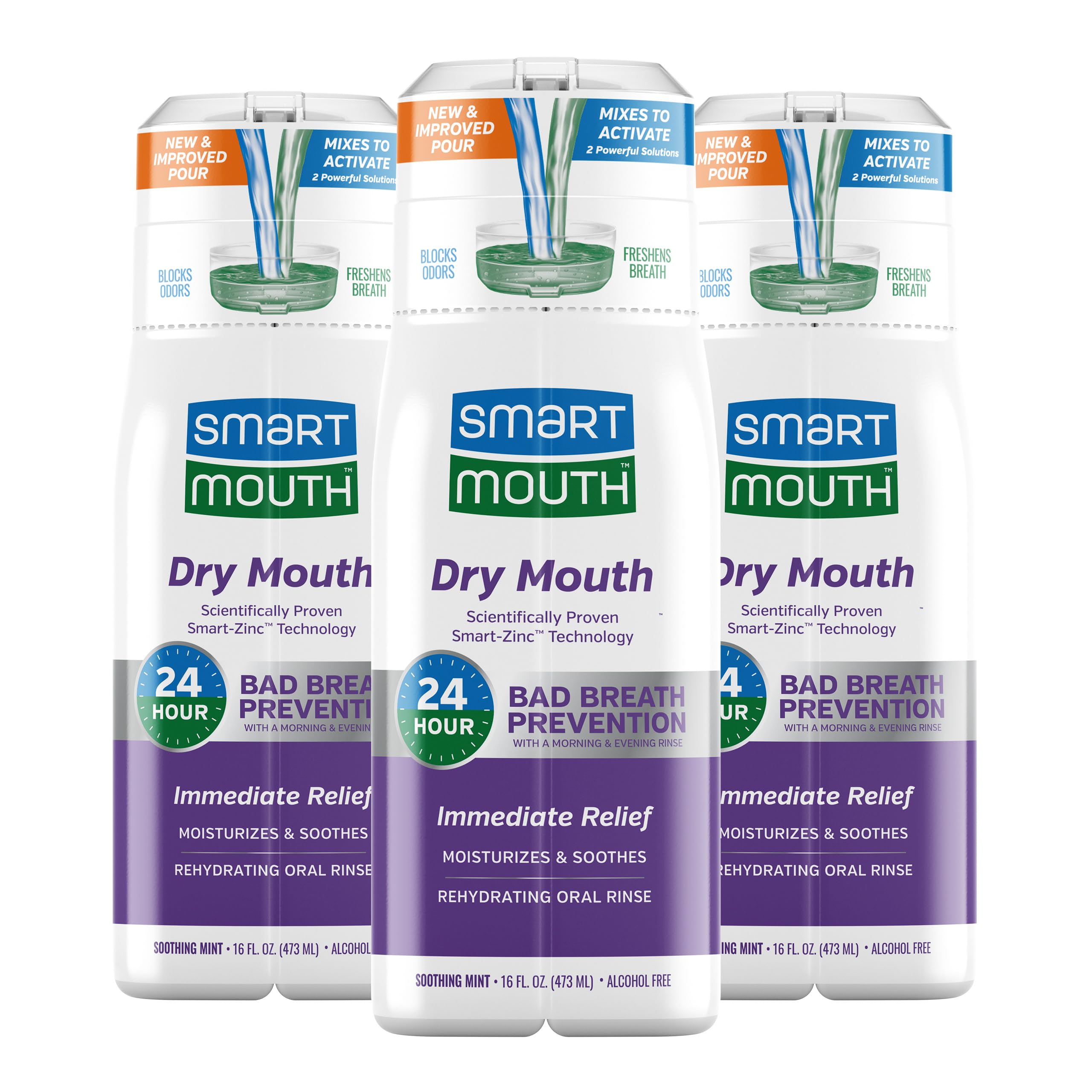 SmartMouth Activated Dry Mouth Mouthwash, Dry Mouth and Bad Breath Relief, Mint, 16 fl oz, 3 Pack