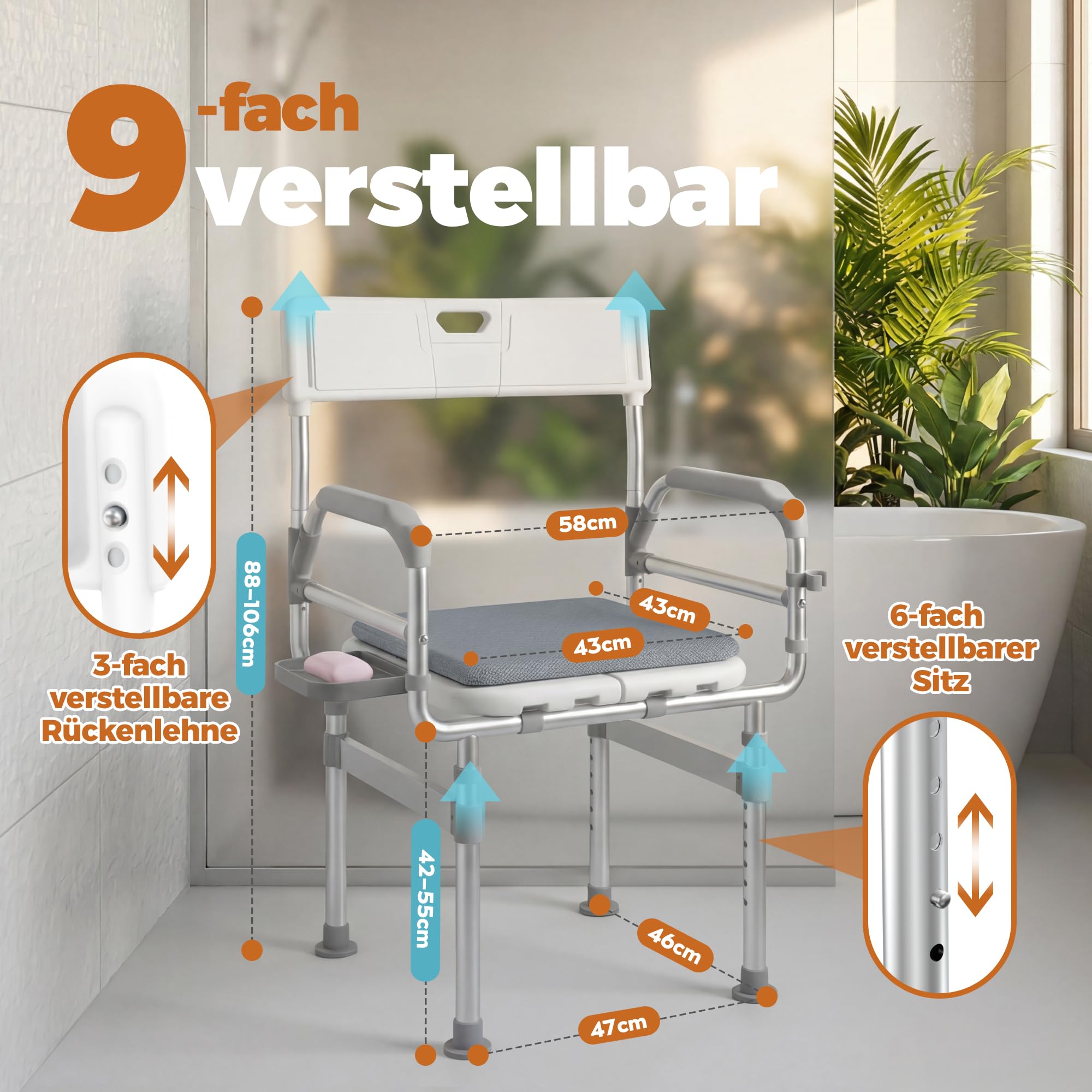 Duschstuhl klappbar Senioren mit Armlehnen, Duschkissen, bis 200 kg, XXL | Duschhocker mit Rückenlehne, 6-fach höhenverstellbar, extra breite Sitzfläche, erhöhte Sitzhöhe für Dusche und Badewanne
