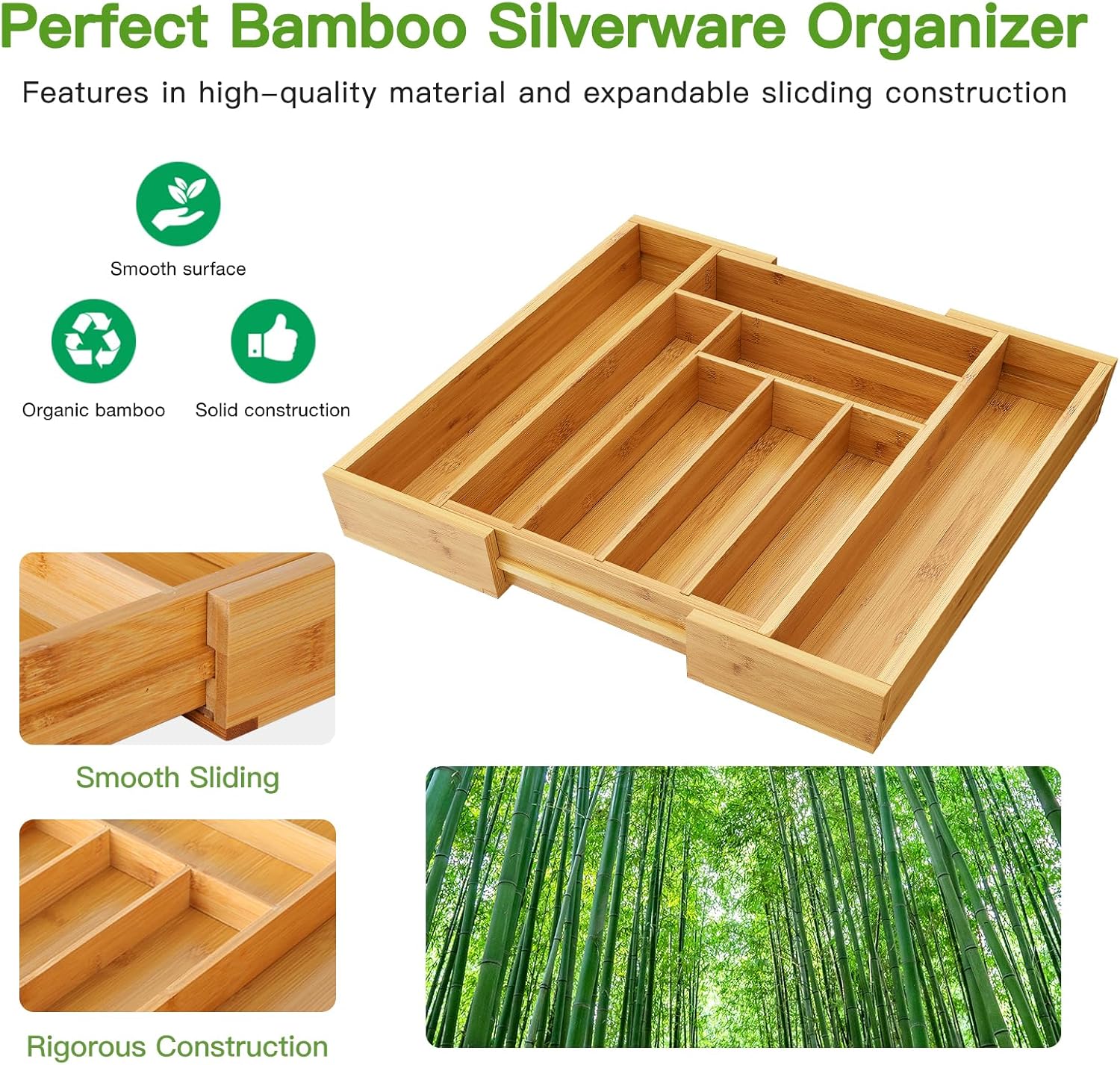 Pipishell Bamboo Expandable Silverware Drawer Organizer, Adjustable Kitchen Utensil Tray for Forks, Spoons and Knives, Wood Storage Cutlery Holder for Bedroom and Living Room