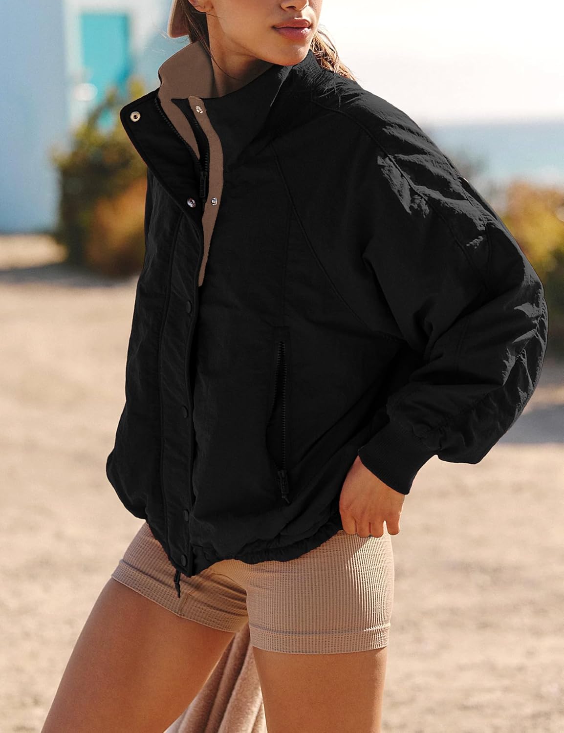 Womens Windproof Outdoor Jacket Fleece Lined Zip Up Lightweight Coat with pockets Fall Travel Casual Wear