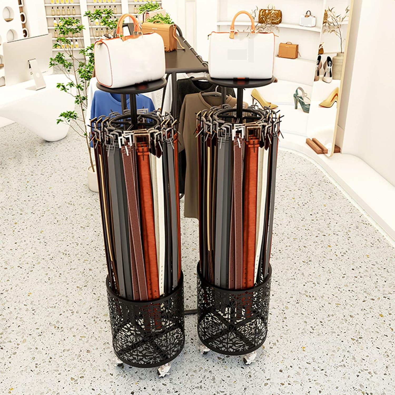 Rotating Belt Holder With Wheels,Free-Standing Coat Hanger Handbag Rack, Creative Retail Clothing Purse Jewelry Store Display Hanging Stand, Umbrella Organizer Shawls She