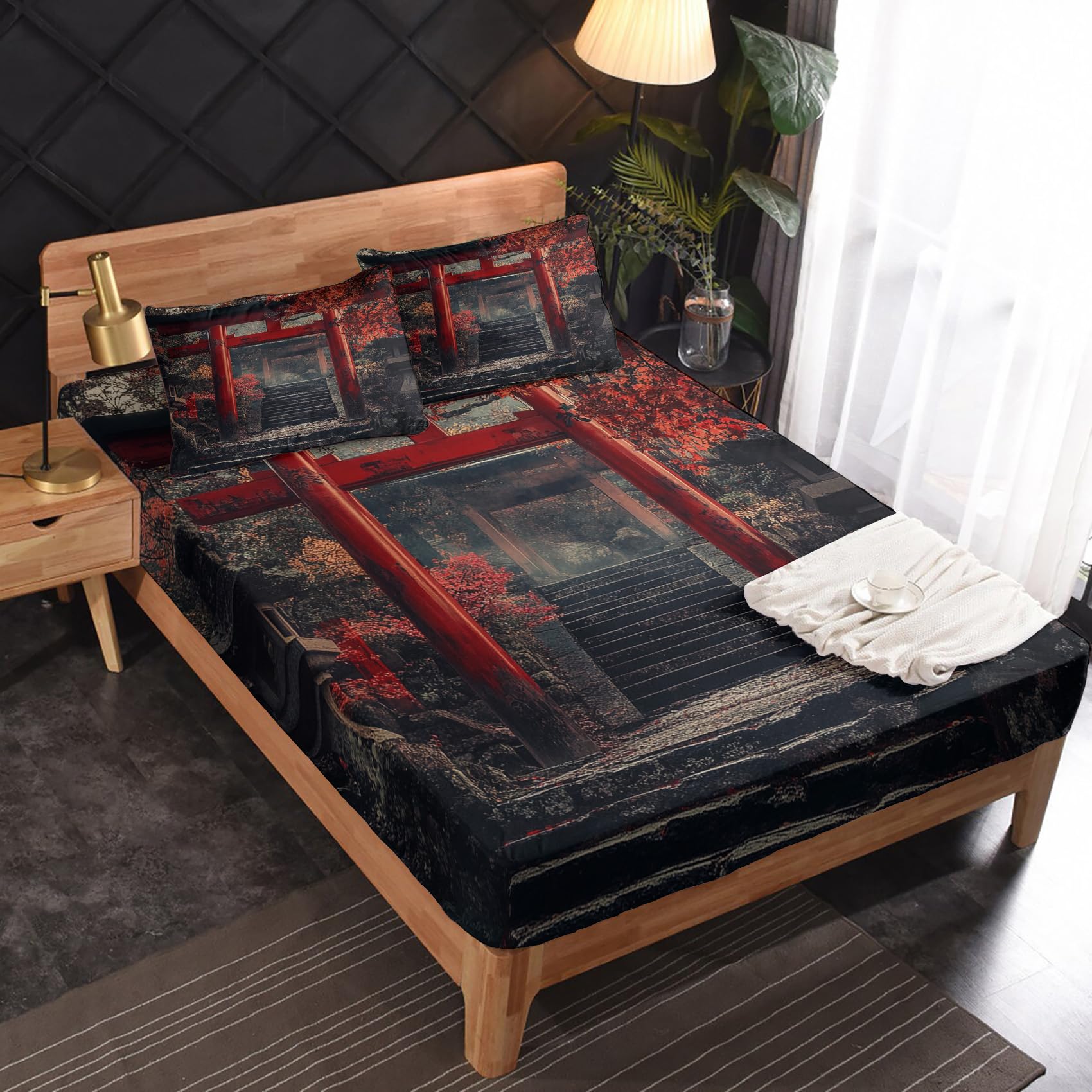 Zvynqour - Japanese Torii Queen Size Sheet Set Japanese Printed Sheet Set 16 Inch Deep Pocket Bedding 4 Pieces Japanese Style Bedroom Decor