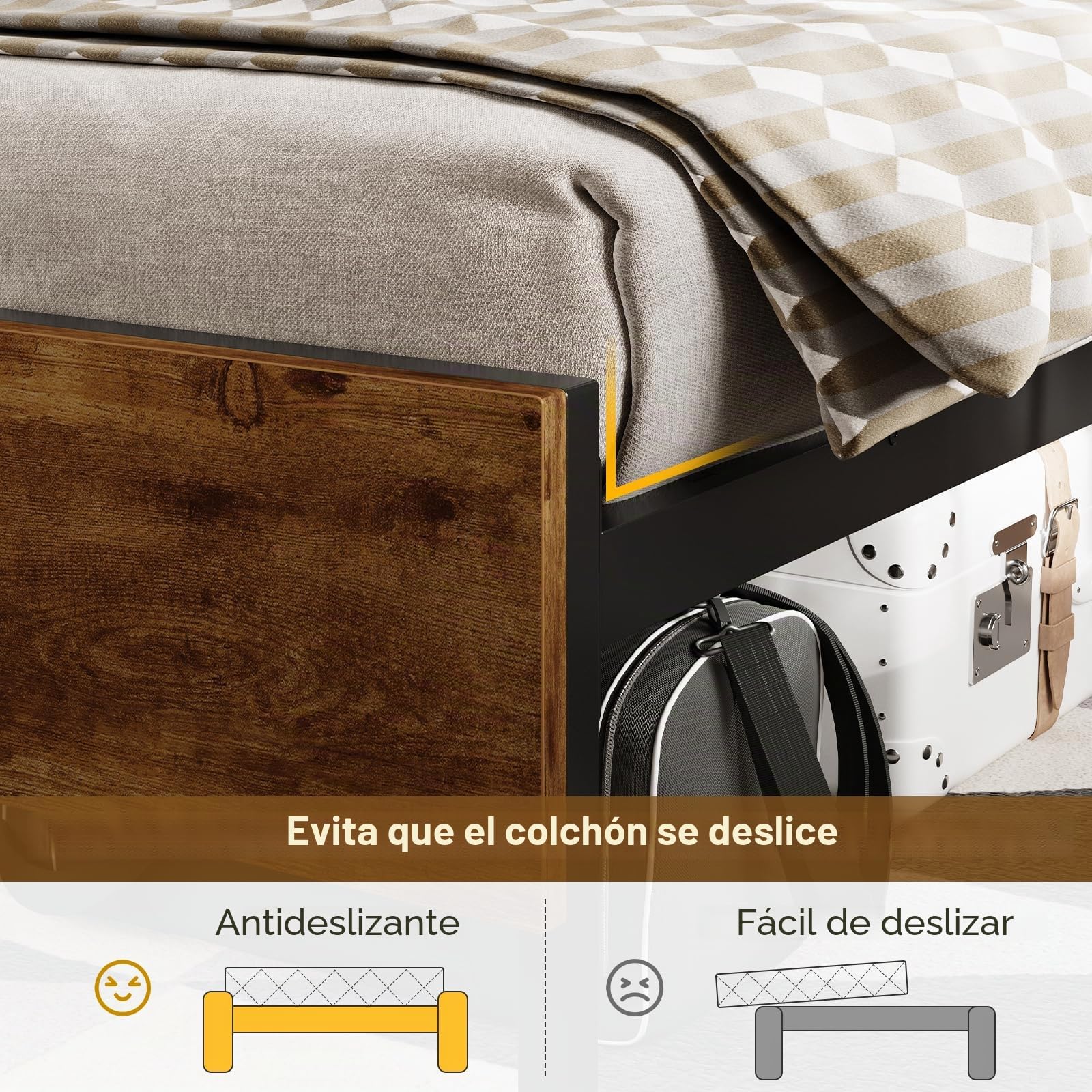 DICTAC Cama de 120 x 200 cm con iluminación LED, marco de cama con enchufe y función de carga USB, cama de metal de 120 x 200 cm con cabecero de madera, espacio de almacenamiento, estructura de cama