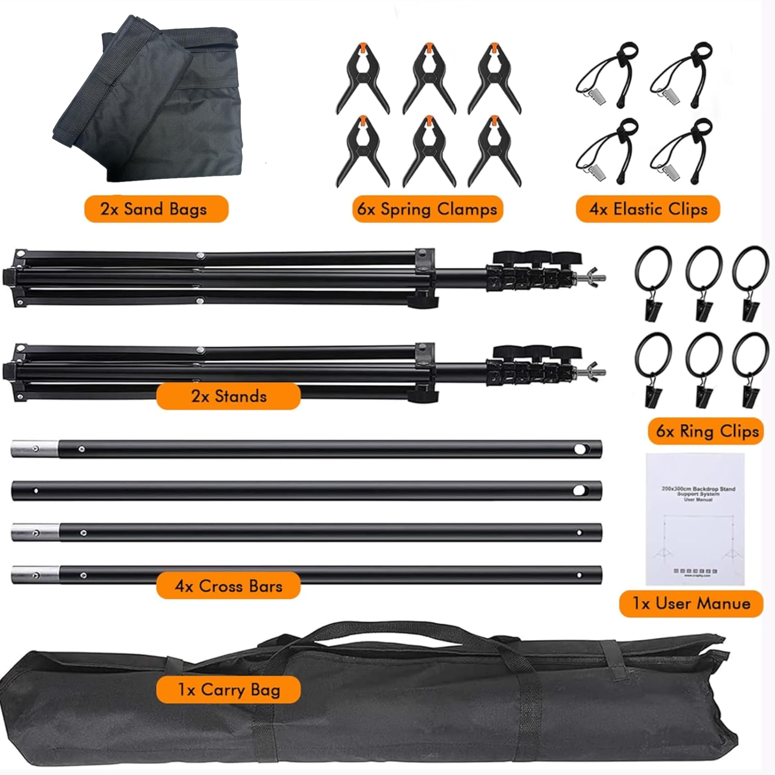 Support de Fond Réglable 2.6m*3 m avec 4 Barres transversales, 4 Clip Fort,2 Sacs Noirs,et 1 Sac de Transport pour Photographie Portrait & Studio, Diffusion en Direct, Mariage