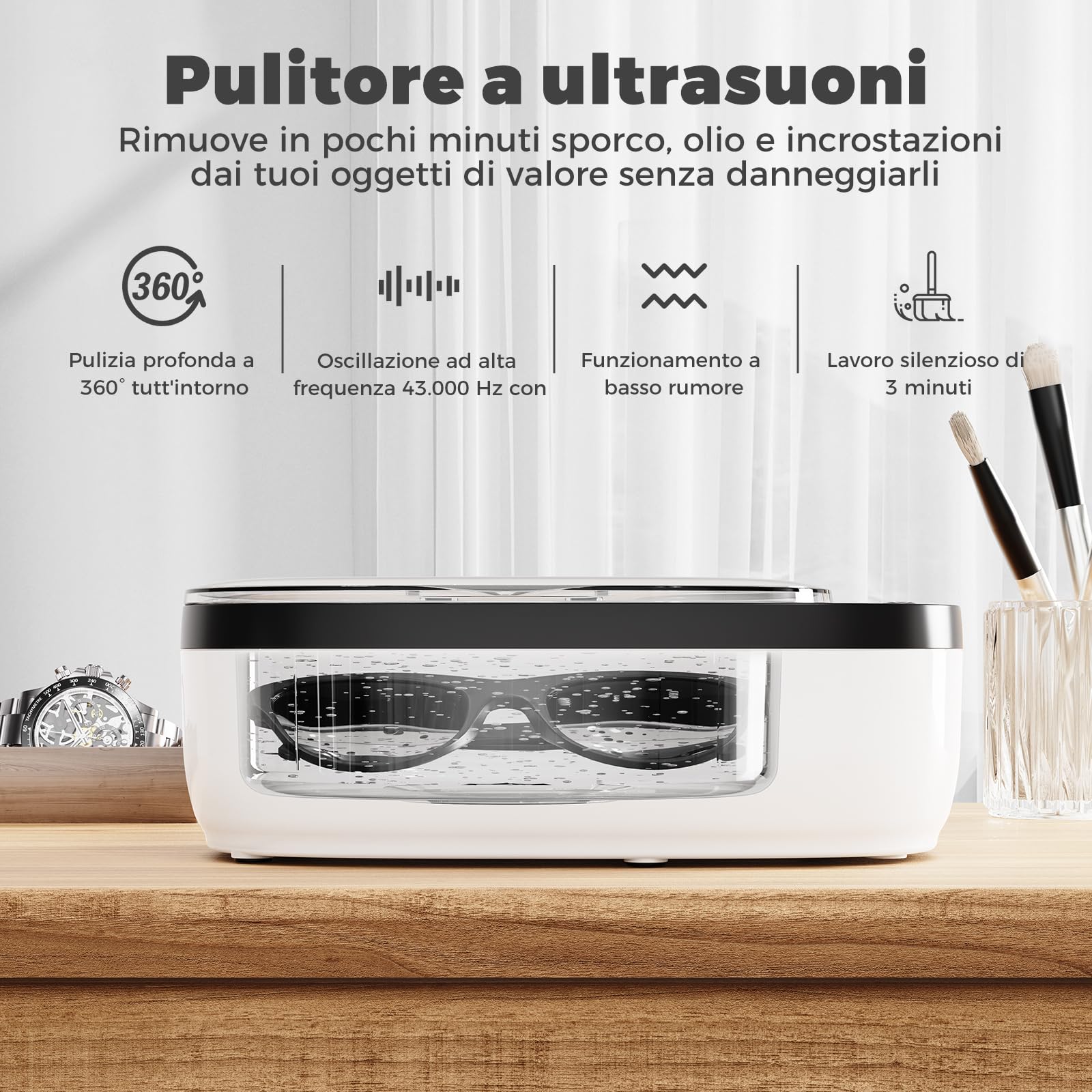 Pulitore ad Ultrasuoni 750ML Acciaio Inox 5 Modalità di Tempo per Gioielli Occhiali Orologi