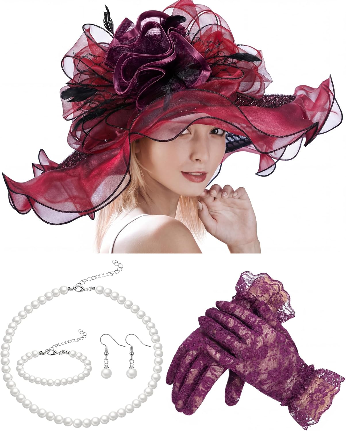 Derby Hat for Women 2026 Wide Brim Organza Sun Church Hat Set Feather Floral Fascinator for Tea Party Wedding Derby