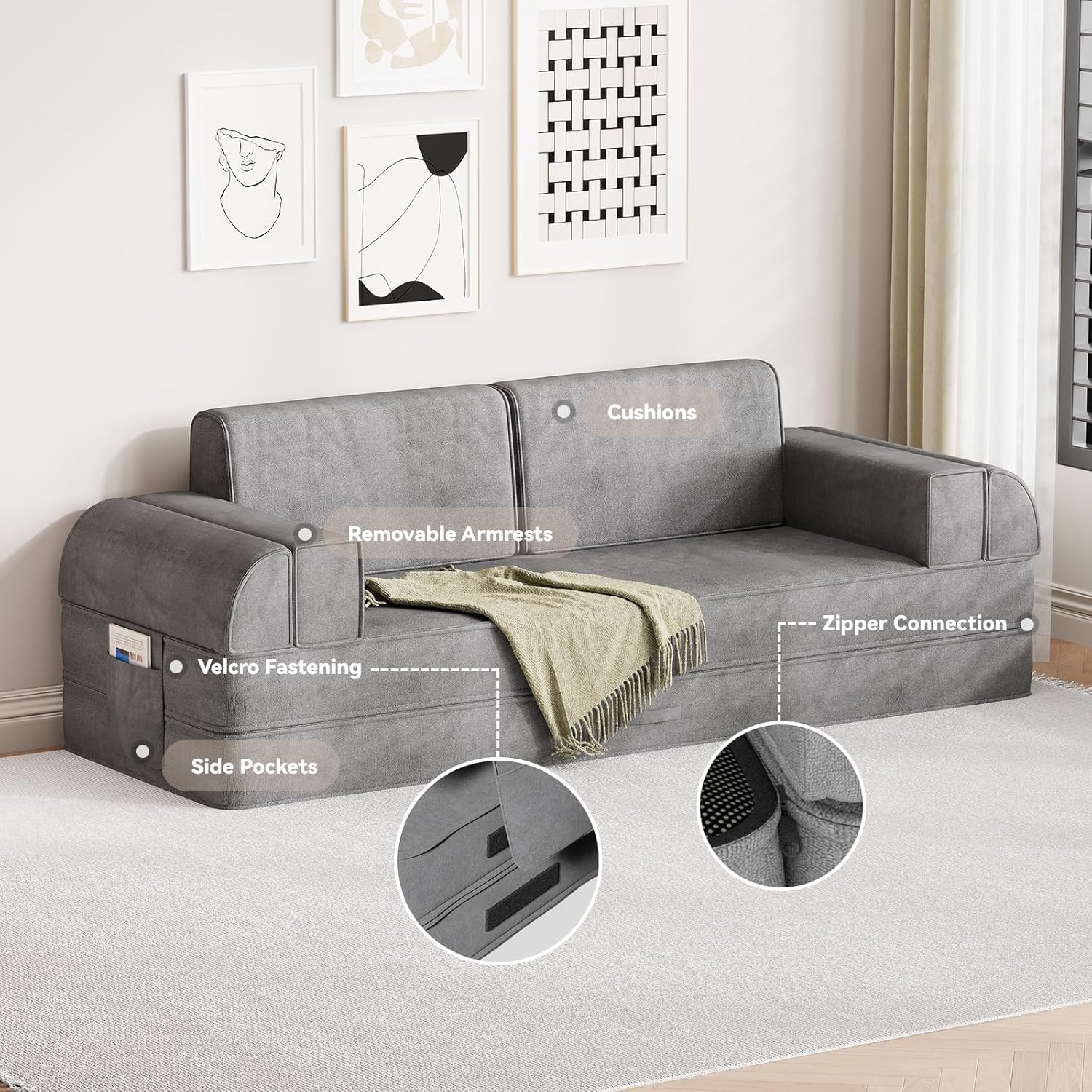 79" Convertible Sleeper Sofa Bed, Loveseat Boneless Couch, Dark Grey | Folding Floor Mattress with Removable Pillows Armrests Side Pockets, Fold Out Lounge Against The Wall for Living Room Bedroom
