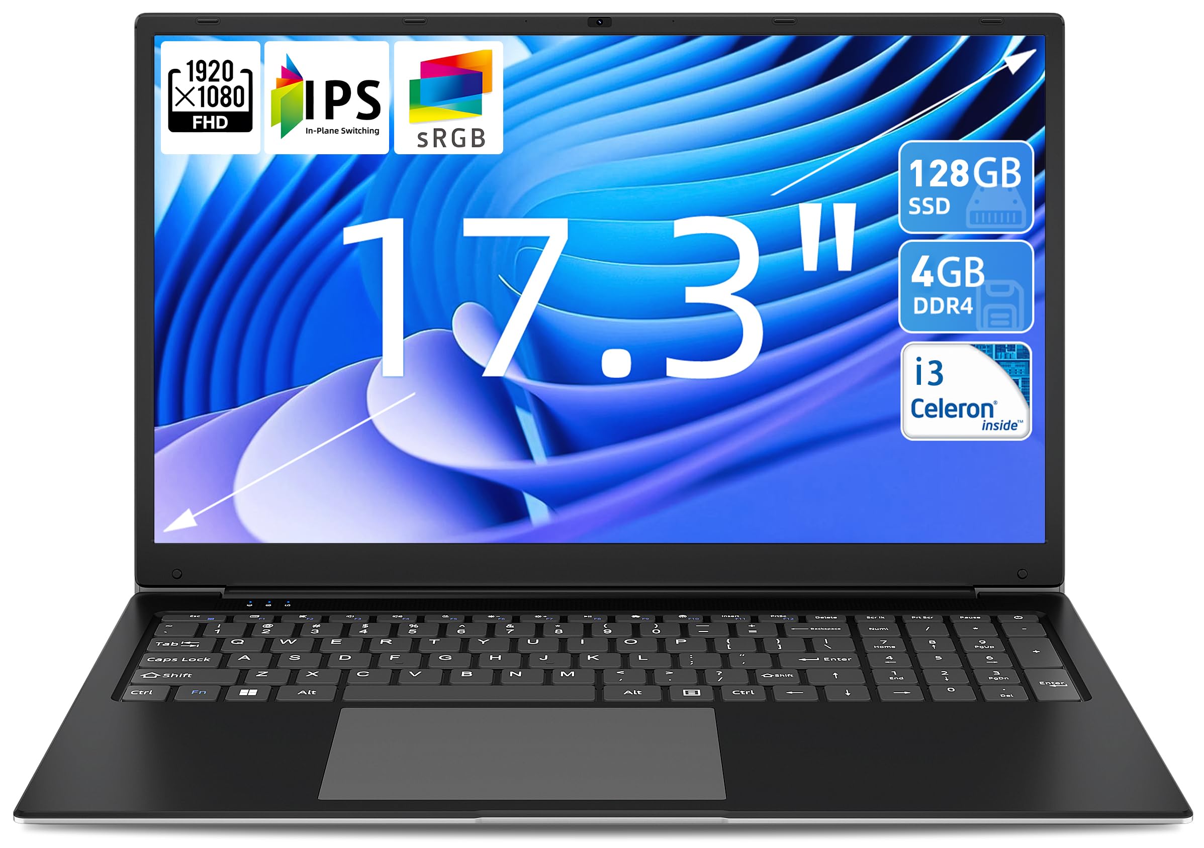 Laptop 17.3 Pollici 4GB RAM 128GB SSD ROM Laptop FHD IPS, 2x USB 3.2, Bluetooth 4.2, Dual Band WiFi, Expandable Memory 512GB TF 7000mAh