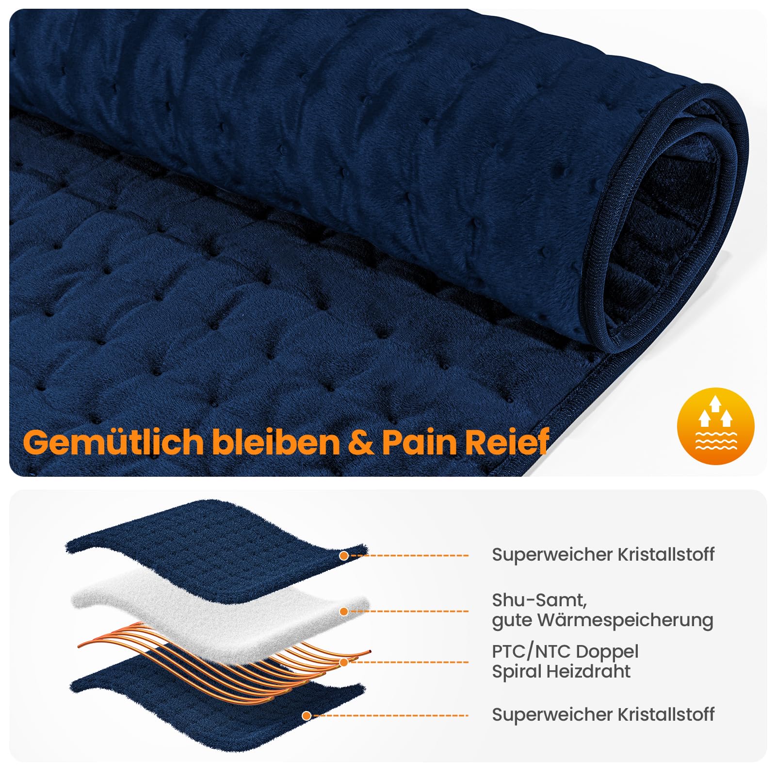 MYCARBON Heizkissen Rücken 92x50cm Wärmekissen mit 6 Heizstufen 4 Timerstufen waschbar Heizdecke mit Abschaltautomatik für Schulter Nacken Bauch Dunkelblau | 4 Timerstufen waschbar Heizdecke mit Abschaltautomatik für Schulter Nacken Bauch Dunkelblau