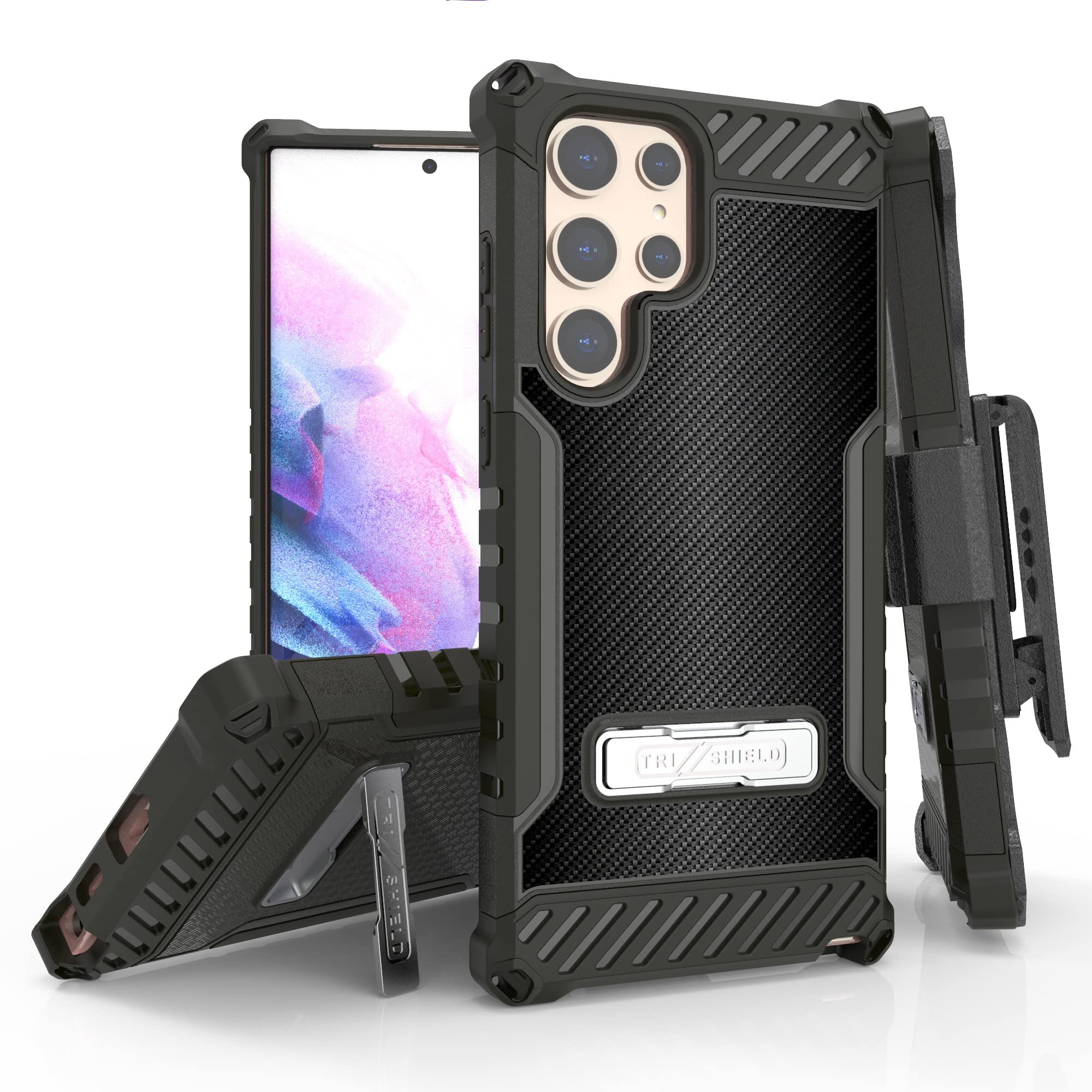 Beyond Cell Tri-Shield Kickstand Phone Case with Belt Clip Holster Compatible with Samsung Galaxy S22 Ultra Military Grade Drop Tested Rugged High Impact Shockproof Protection Carbon Fiber