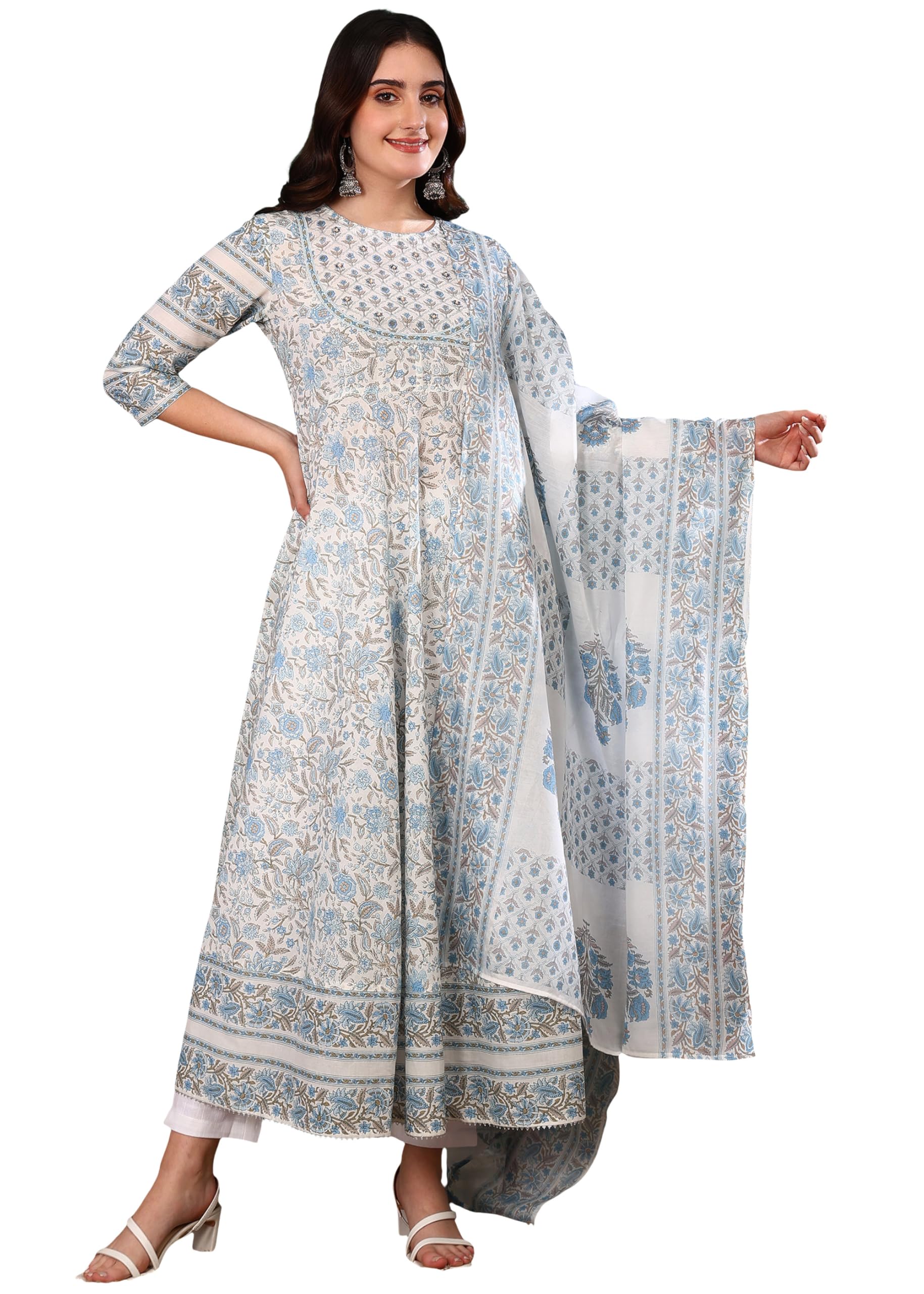 Yash Gallery Women's Cotton Floral Print 3/4th Sleeve Round Neck A-line Kurta with Dupatta