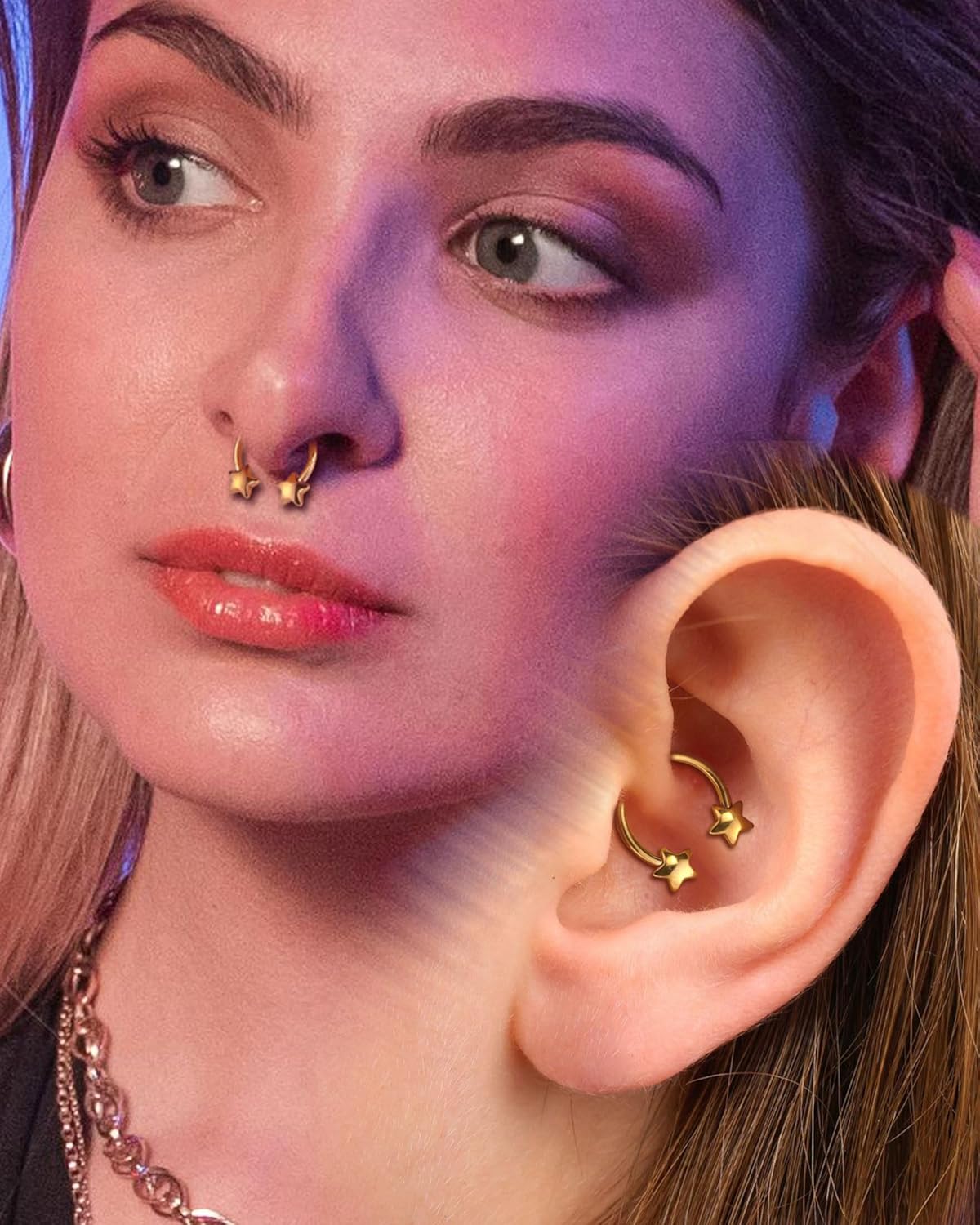 Jewseen 4PCS Septum Rings 16G Gold Septum Jewelry Star Heart Horseshoe Nose Rings for Women 316L Surgical Steel Daith Piercing Jewelry Helix Conch Earring for Women - Image 2