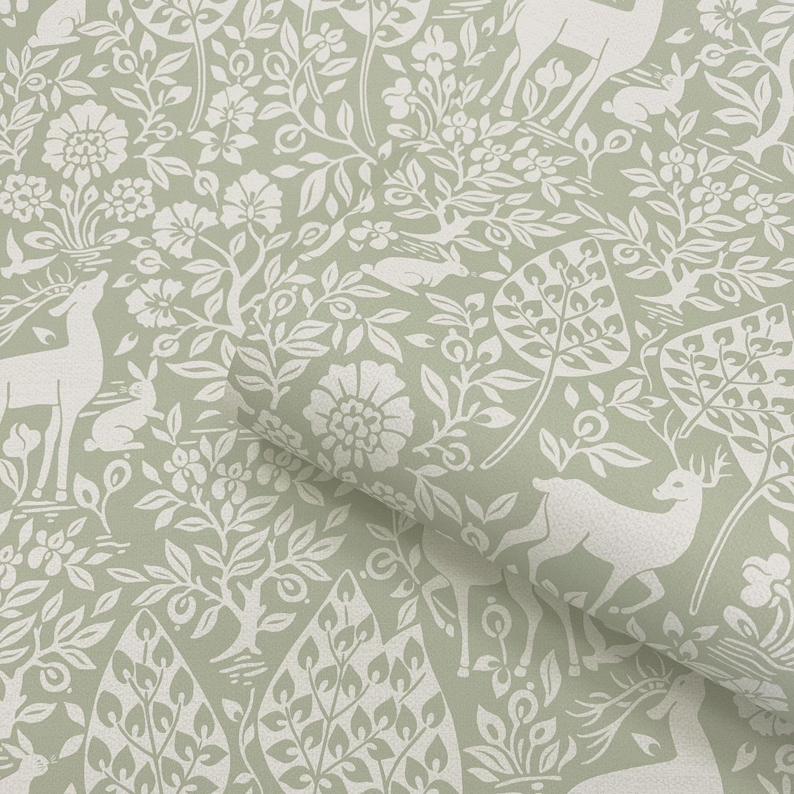 SOPHIE LAURENCE Sage Green Floral Wallpaper Deer Rabbits Leaves Slightly Textured Feature Wall