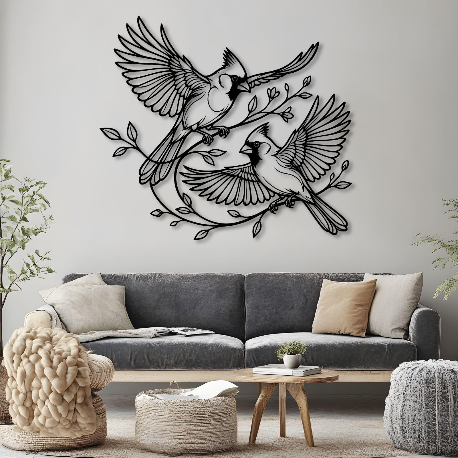 Schwarze Kardinäle als Wanddeko aus Metall, rustikales Wandbild mit Zwei Kardinälen aus Metall, Moderne Vogelskulptur für Wohnzimmer, Schlafzimmer, Flur und Treppenhaus (Silber, 48 cm breit)