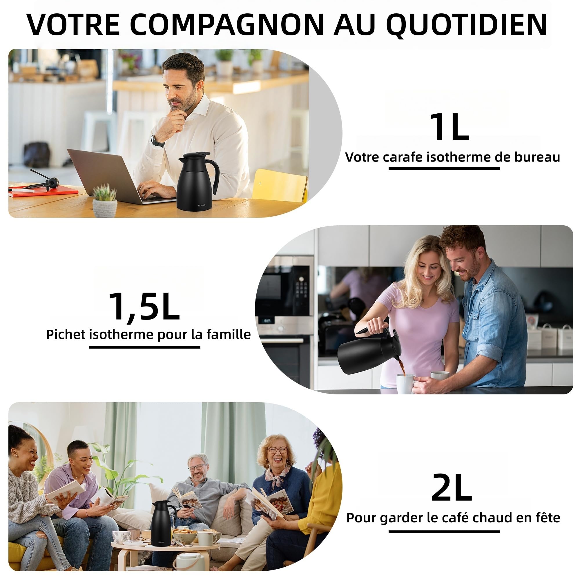 Carafe Isotherme 2L, Pichet à Café en Acier Inoxydable 304, Garde le Chaud et le Froid, Étanche, Versement à Une Main, Maison, Bureau et Hôtel, Noir
