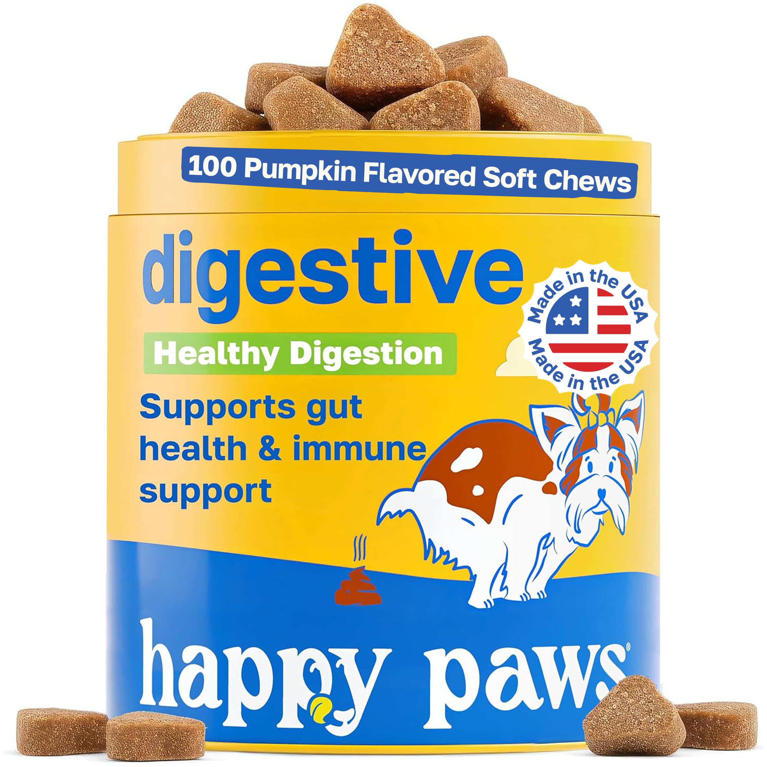 Happy Paws Digestive Support Supplement & Dog Probiotics, Supports Gut Health & Diarrhea with Enzyme Blend & Ginger Root, Pumpkin Flavor, Organic, Non GMO, 100 Soft Chews