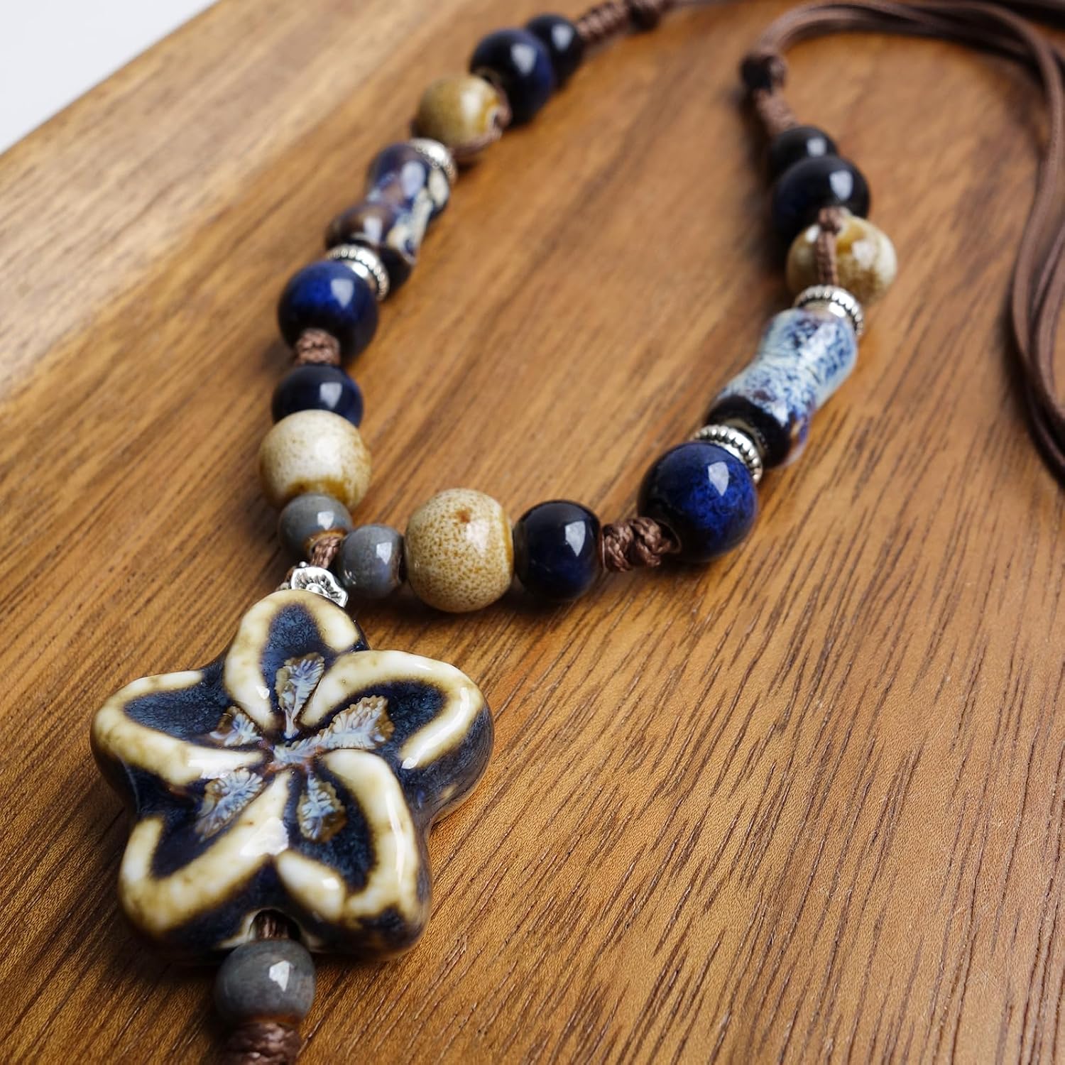 Boho Style Colorful Ceramic Bead Strand Necklace Adjustable Bohemian Jewelry Gift for Women, Fashion Clothing Matching Necklace