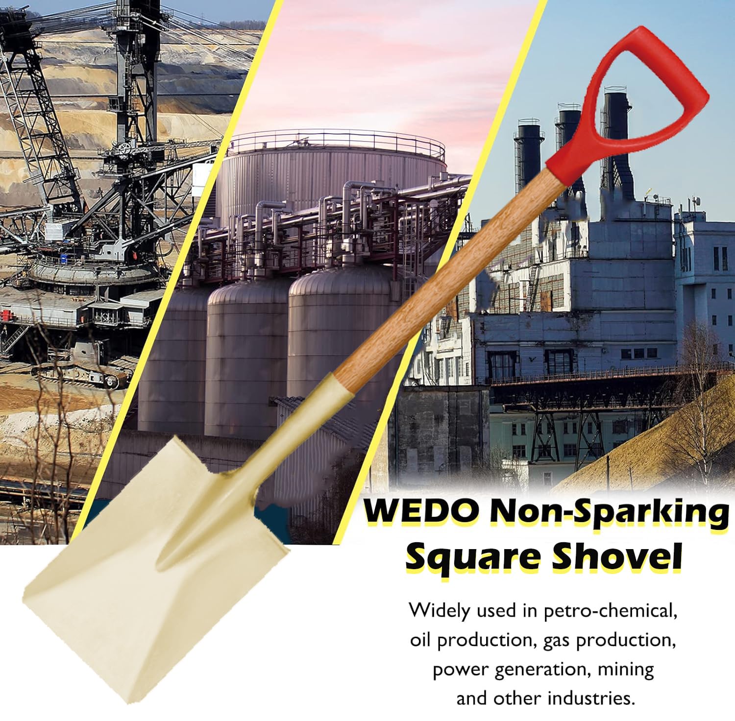 WEDO Kwadratowa łopata, płaska łopata z drewnianym uchwytem, wygodny uchwyt D, szpadel do kopania bez iskier, długość 700 mm, brąz aluminiowy, standard DIN, certyfikat BAM i FM