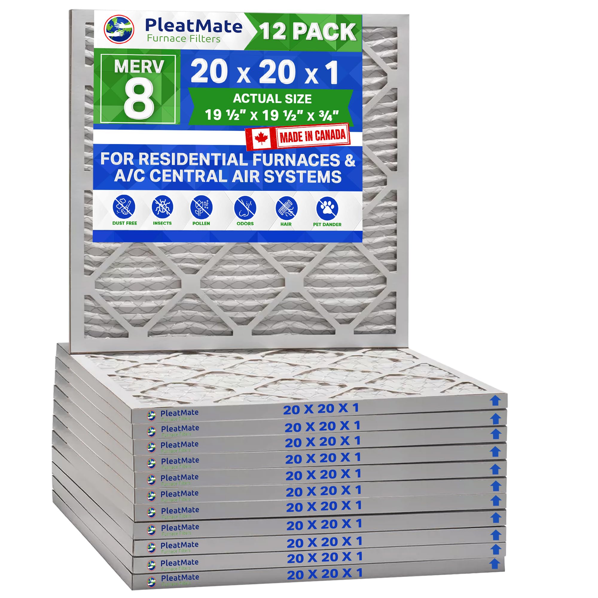 20x20x1 MERV 8 Pleated Furnace Filter. Actual/Exact Size 19 1/2 x
