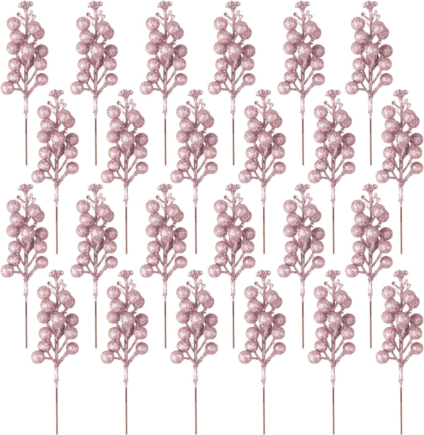 Meching 24 Pack Glitter Pink Berry Stems,7.5 Inch Christmas Sparking Red Faux Winter Berry Sprigs,Artificial Red Berries Branches for Christmas Tree Garland Wreath Crafts Season Winter Home Decor