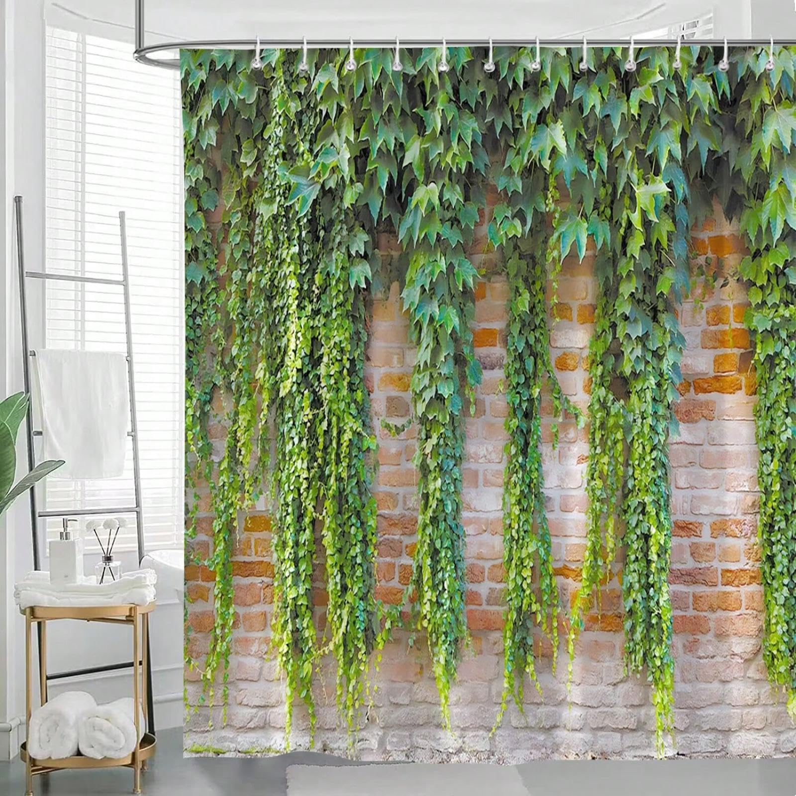 Rideau de douche feuilles vertes lavable et étanche avec 12 crochets inclus