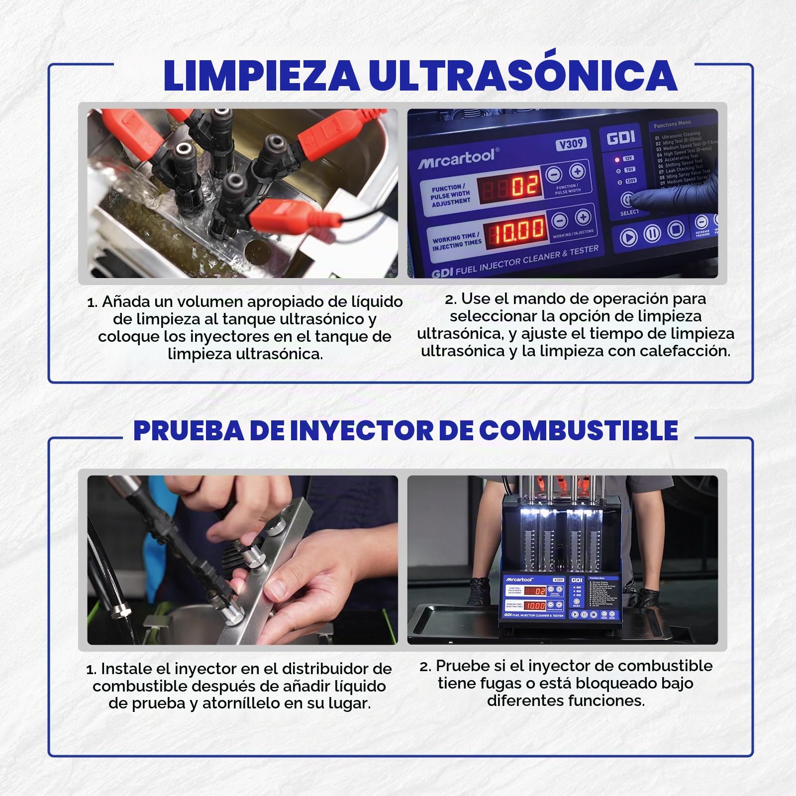 MR CARTOOL V309 Máquina Limpiadora y Probadora de Inyectores Diésel/Gasolina 110V/220V para 4 Cilindros, Equipo Ultrasónico de Limpieza para Inyectores GDI/EFI/FSI de Autos y Motocicletas