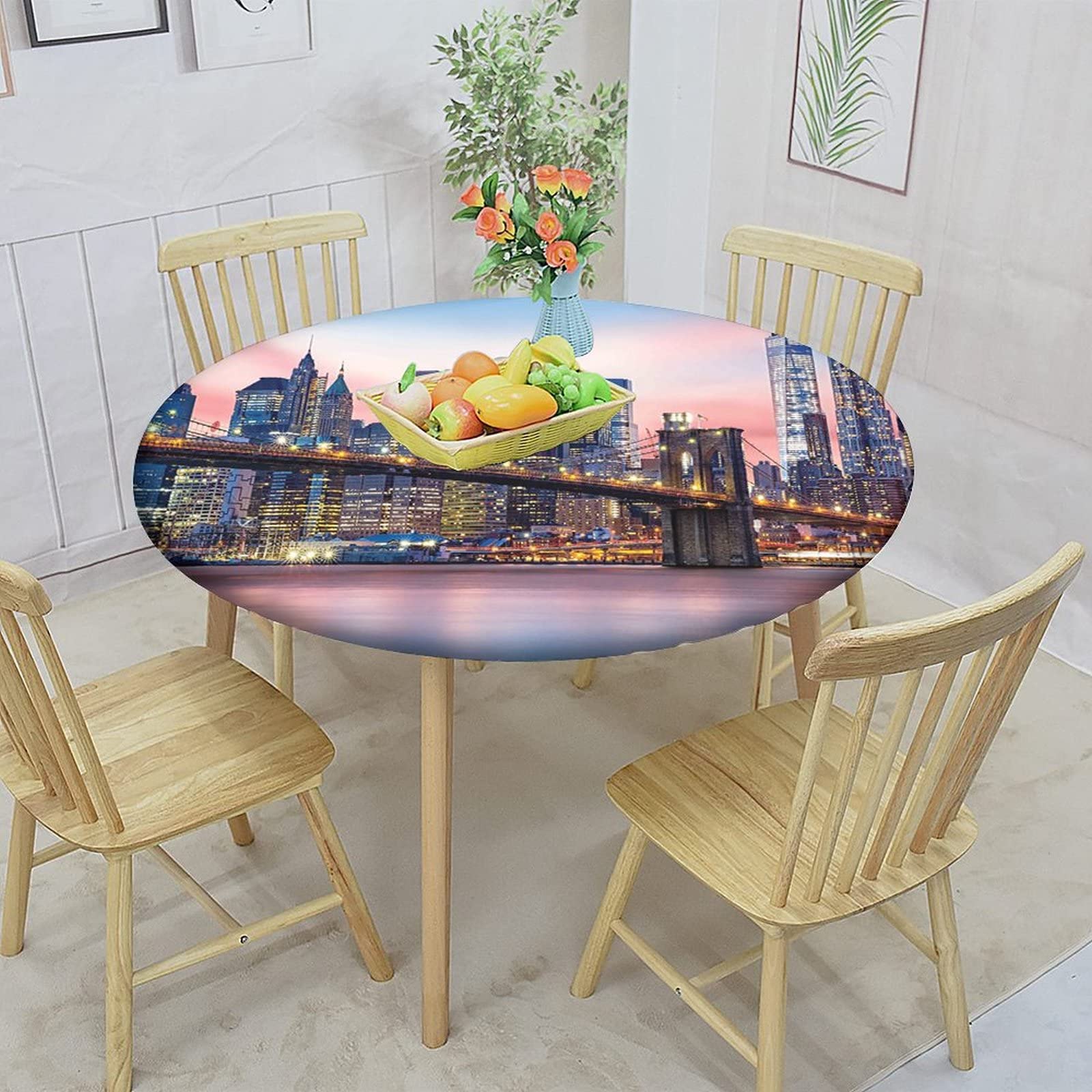 New York Decor Round Fitted Tablecloth with Elastic Edge,Brooklyn Bridge and Lower Manhattan Print Polyester Table Cover, Small, Fit Round Tables up 40