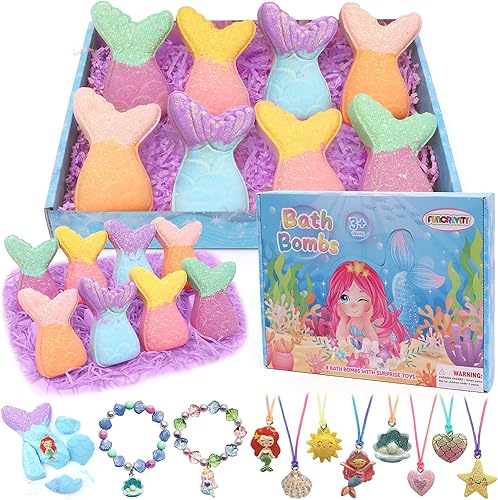 Bombas de baño para niños con juguete sorpresa en el interior, 8 bombas de baño de sirena hechas a mano para niñas, juguetes de joyería de sirenita