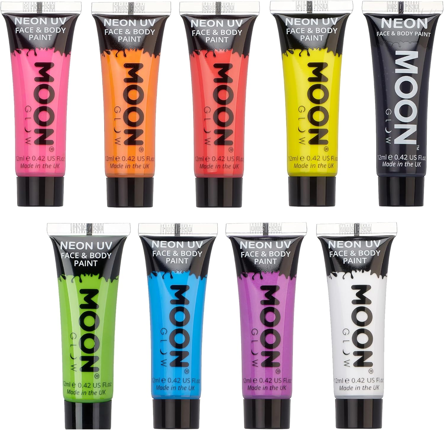 Moon Glow – Intense UV-neonverf voor gezicht en lichaam. 12 ml. Set van 9 kleuren. Inclusief UV-sleutelhanger.