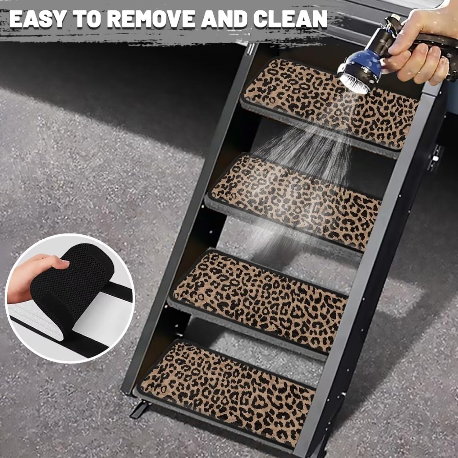 Leopard Print RV Step Cover 4 Pack Quick Drying Brown Outdoor Step Mats for Ladders Trailers Truck Campers RV Steps Treads