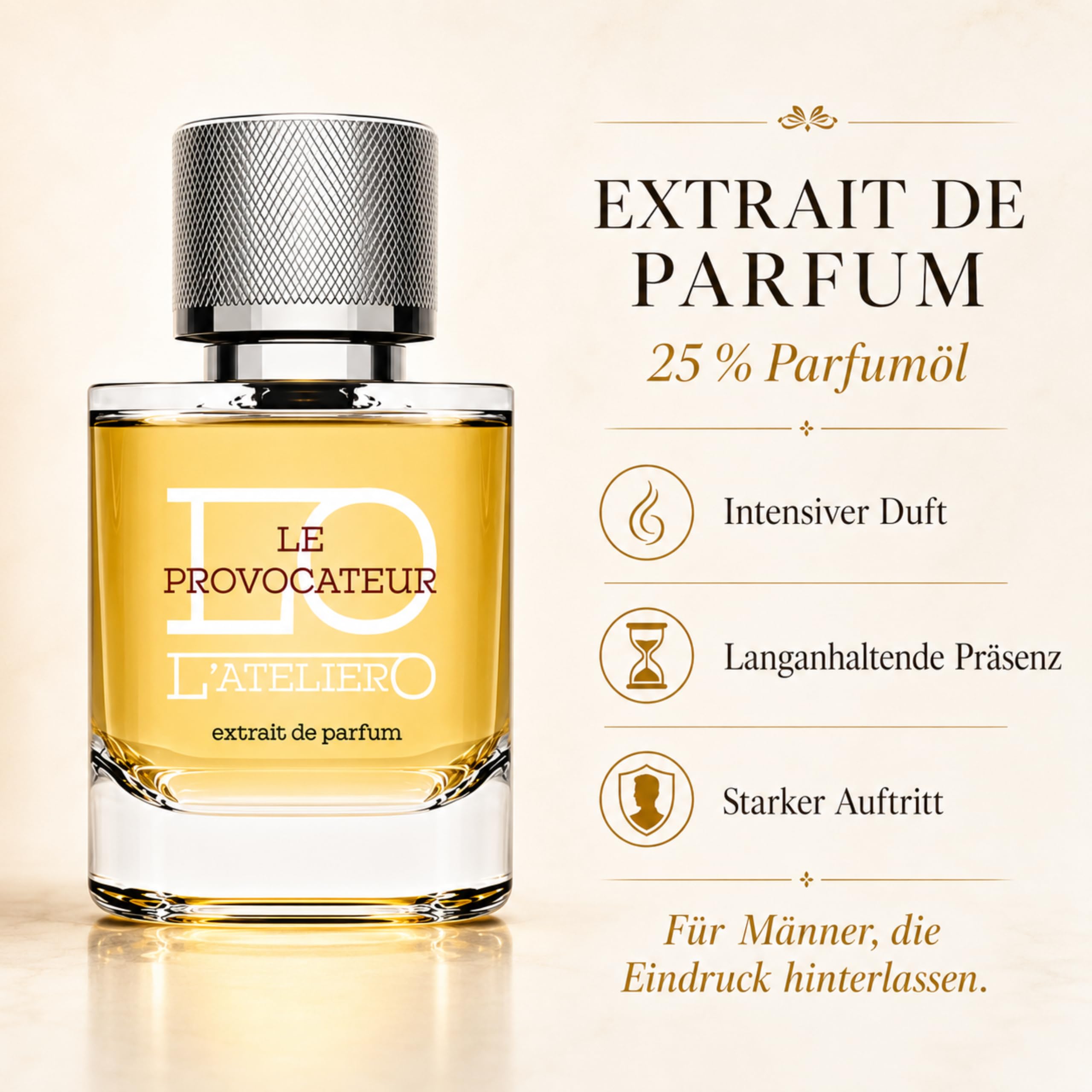 L'ATELIERO - LE PROVOCATEUR - Extrait de Parfum für Männer 50 ml | 25% Parfumöl mit Zimt, Leder und Amber, intensiv würzig süß, frisch und ganzjährig