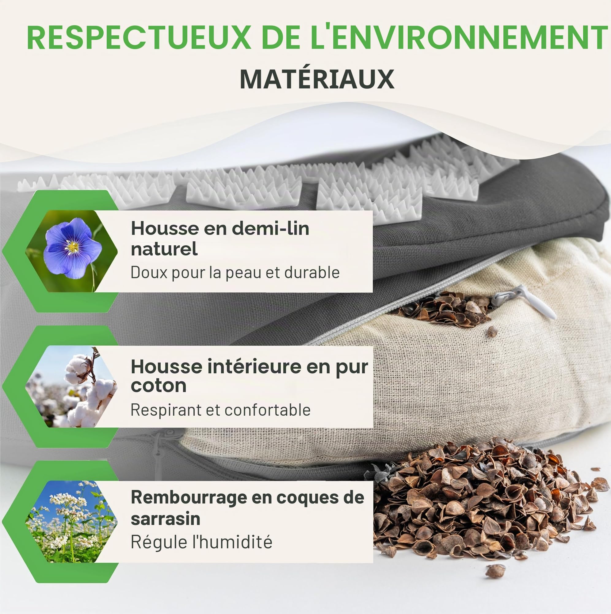 BACKLAXX® Coussin de Voyage d'Acupression, Sarrasin & Fonction Flip