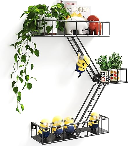 Estante de pared de escalera de escape de incendios de metal, estantes de pared de escape de incendios negros de 3 niveles con cestas, estante de