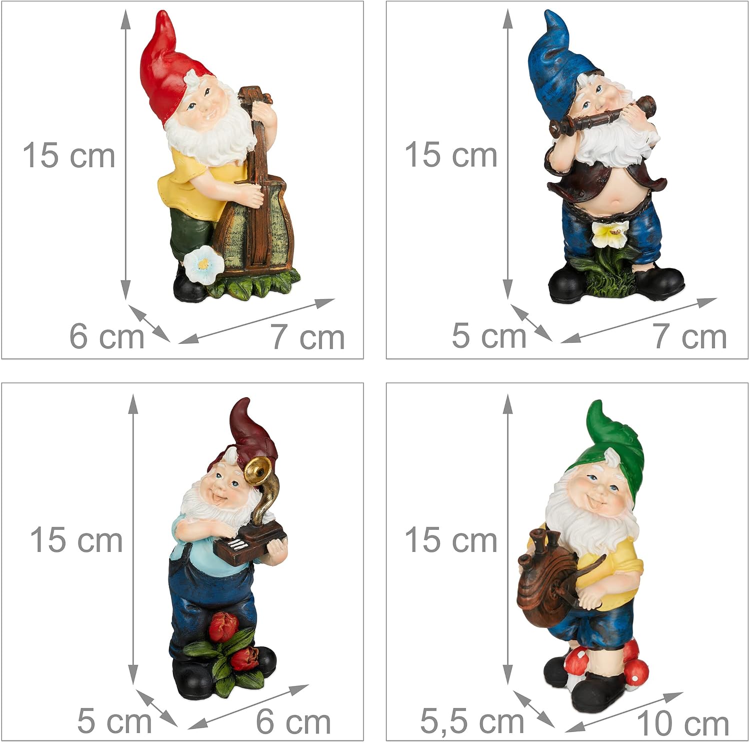 Relaxdays Garden Gnomes Set of 4 Musicians Weatherproof Miniature Figures Frost-Proof Decorative Gnomes Outdoor Polyresin Colourful