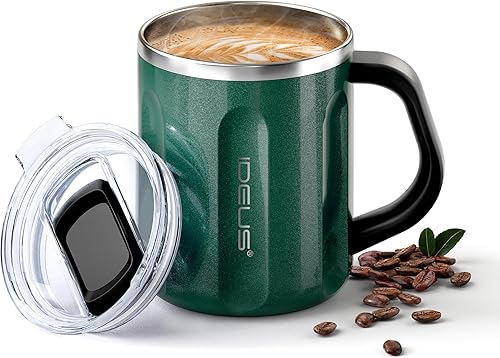 Miniatura 11 de Ideus Taza de café aislada de 16 oz con asa y tapa, taza de café térmica de acero inoxidable de doble pared con aislamiento al vacío, taza de café